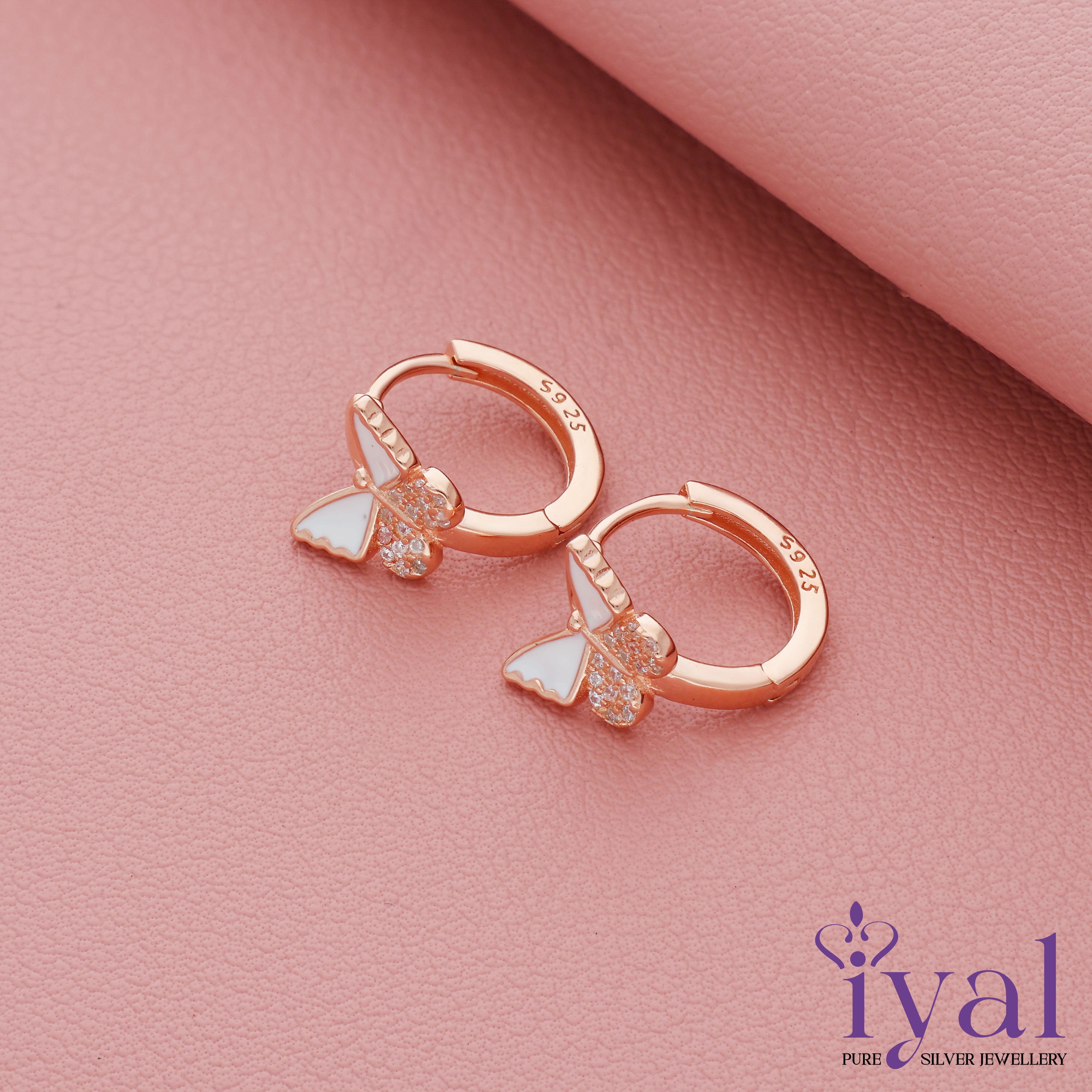 Dainty Butterfly 14K Rose Gold Polish Silver Hoop(5+ Yrs)