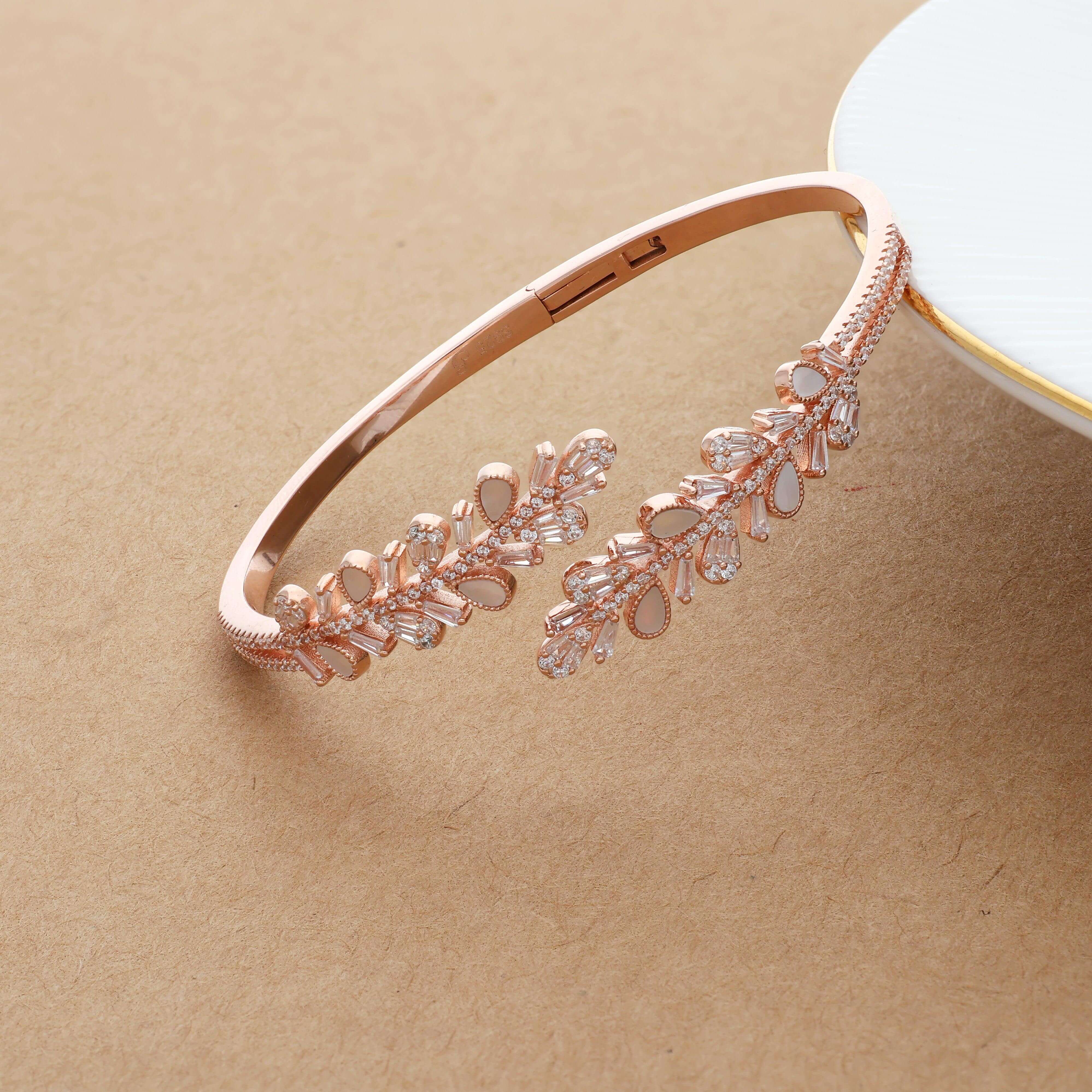 Pretty Leaves Rose Gold Polish Silver Front Open Kada – Iyal Silver