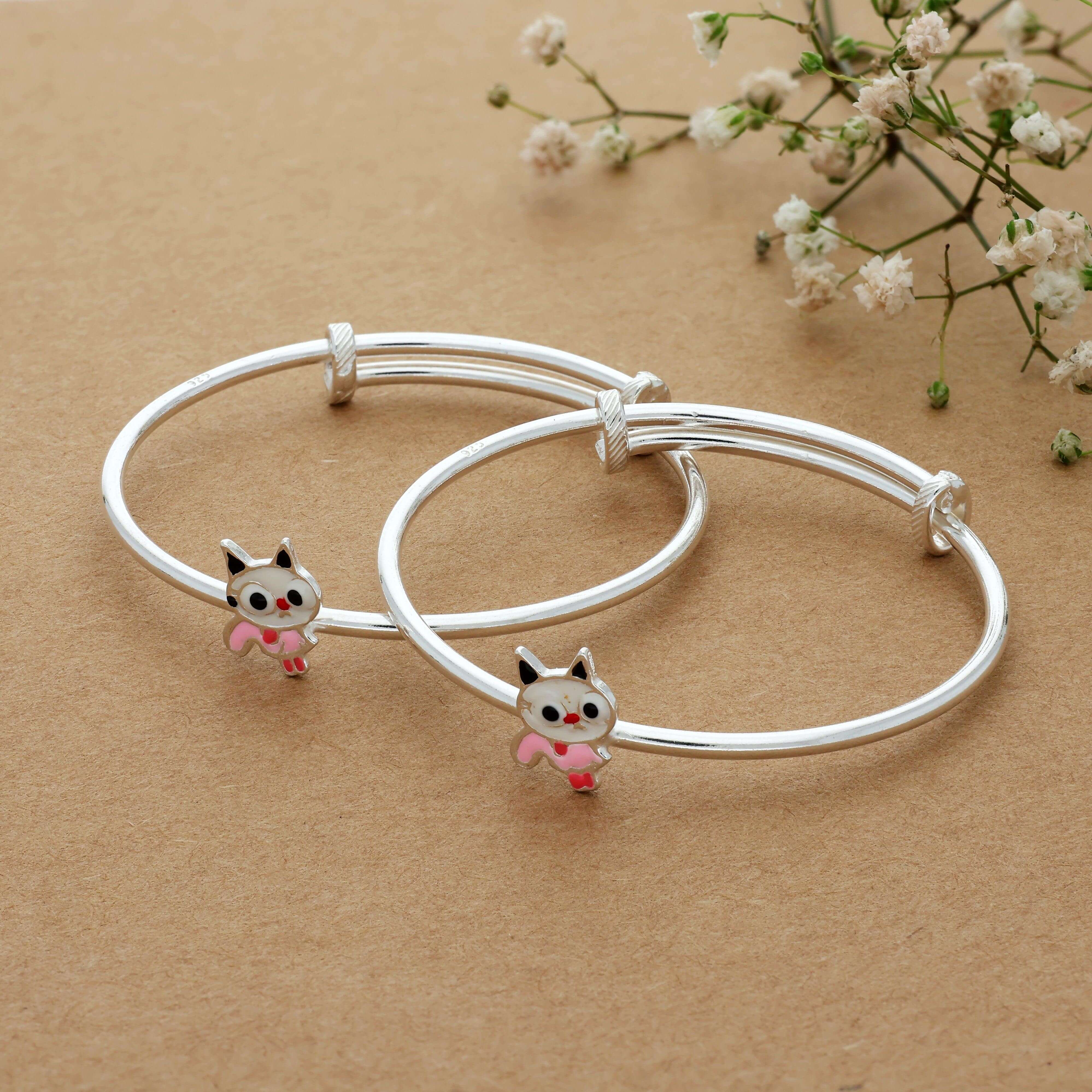 Cute Cat Adjustable Silver Bangle for Kids