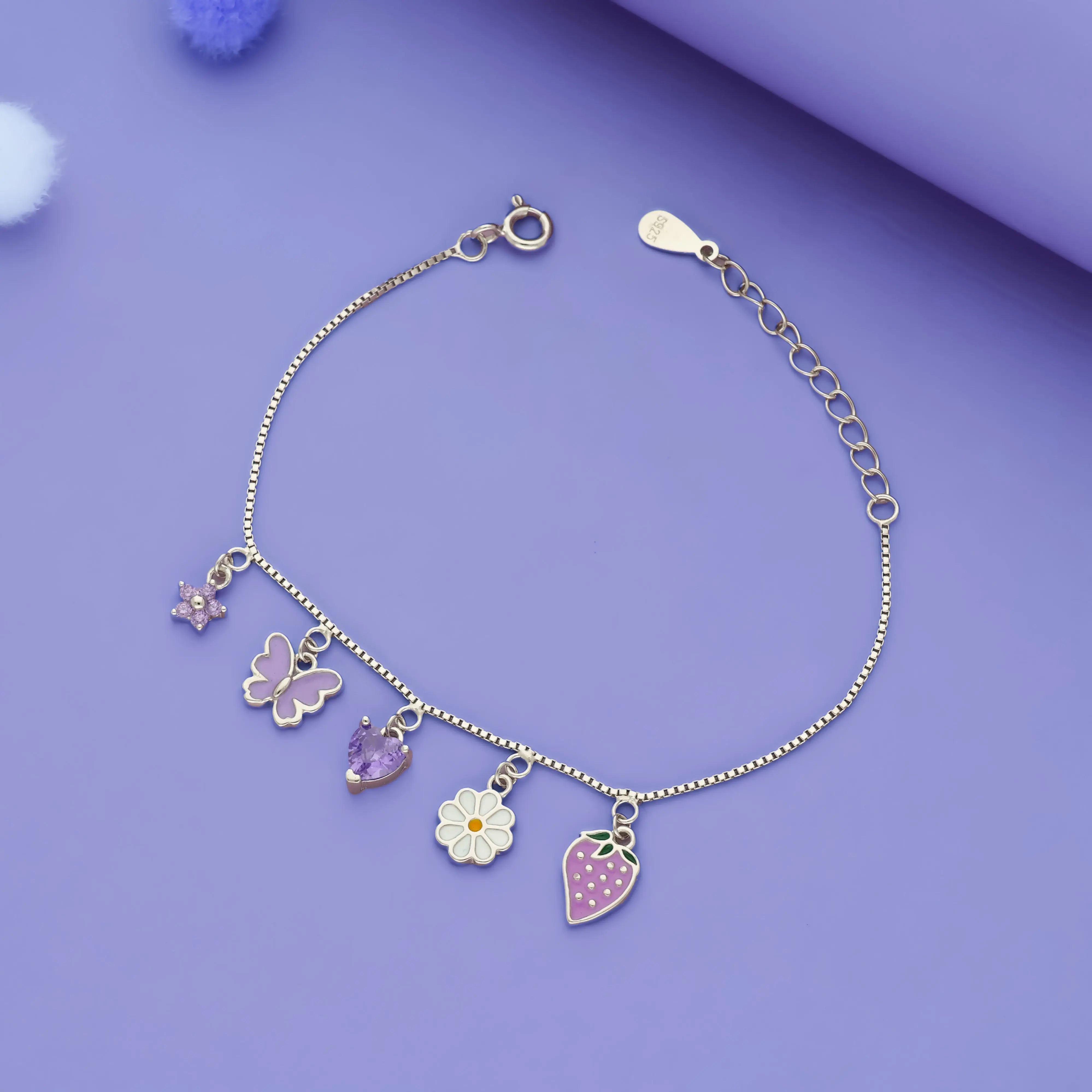 925 Silver Cute Butterfly & Strawberry Charm Bracelet for Kids