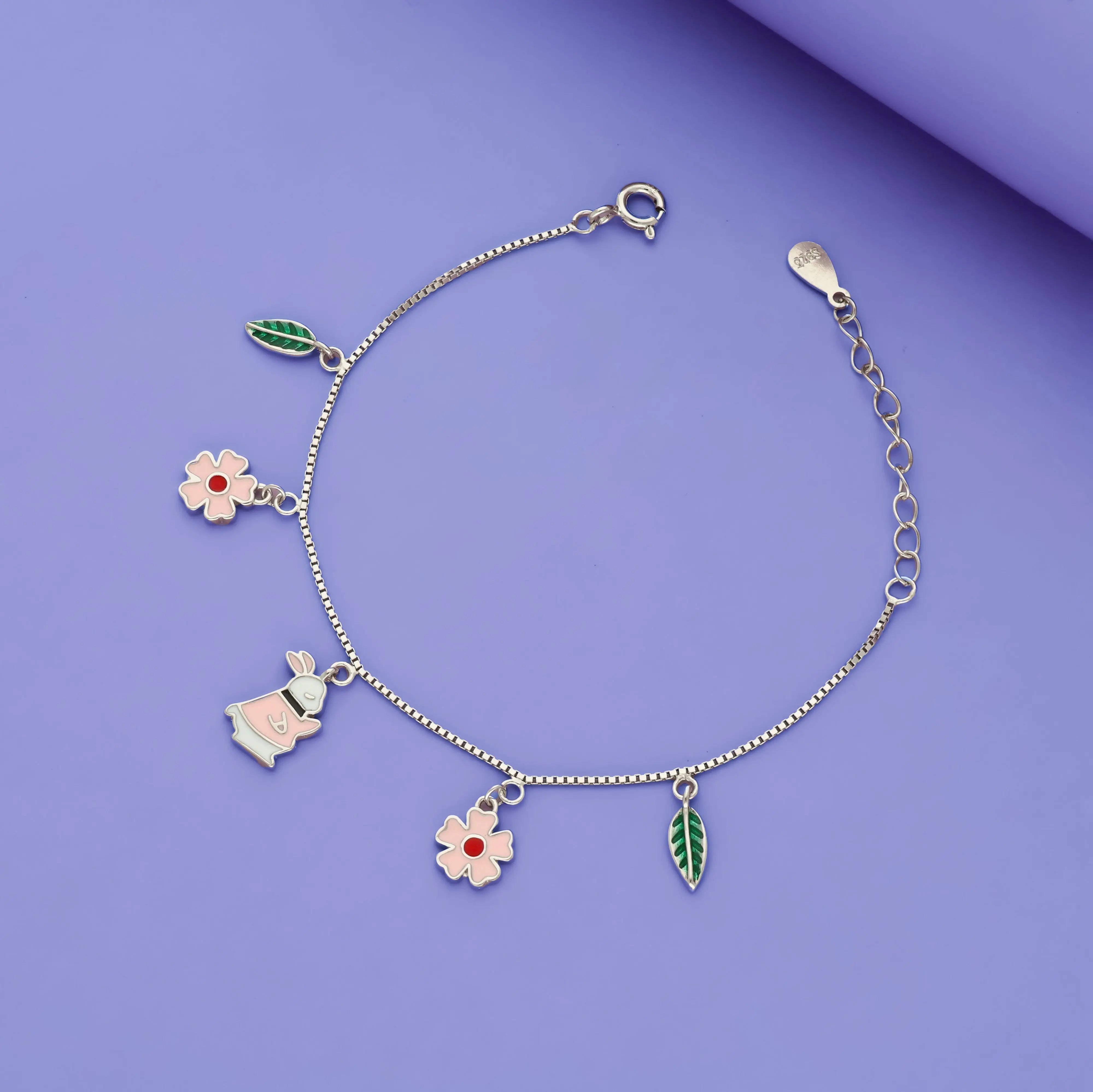 925 Silver Bloom Rabbit & Leaf Charm Kids Bracelets