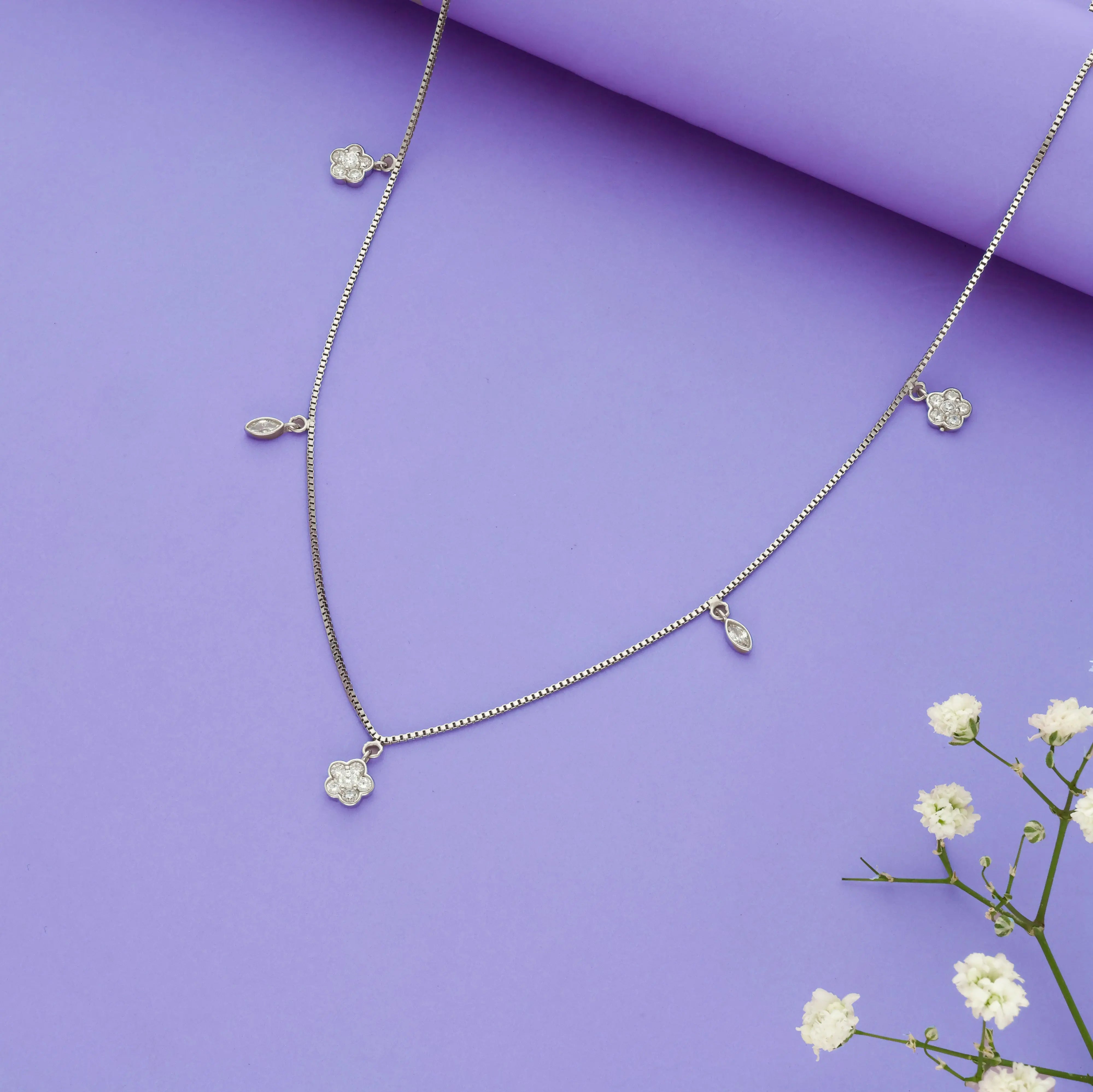 925 Silver Blossom and Leaf Stone Charm Chain Necklace