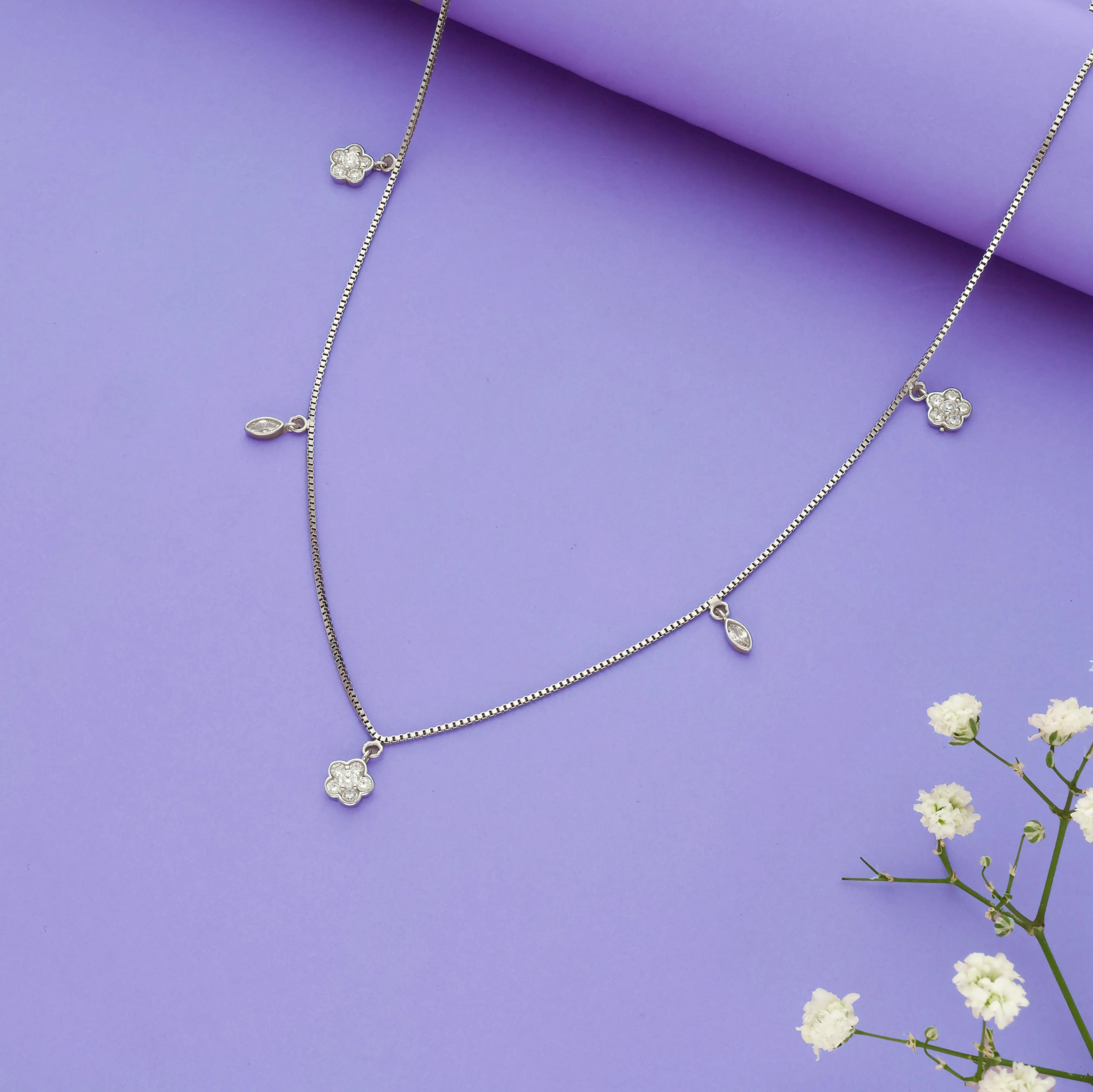 925 Silver Blossom and Leaf Stone Charm Chain Necklace