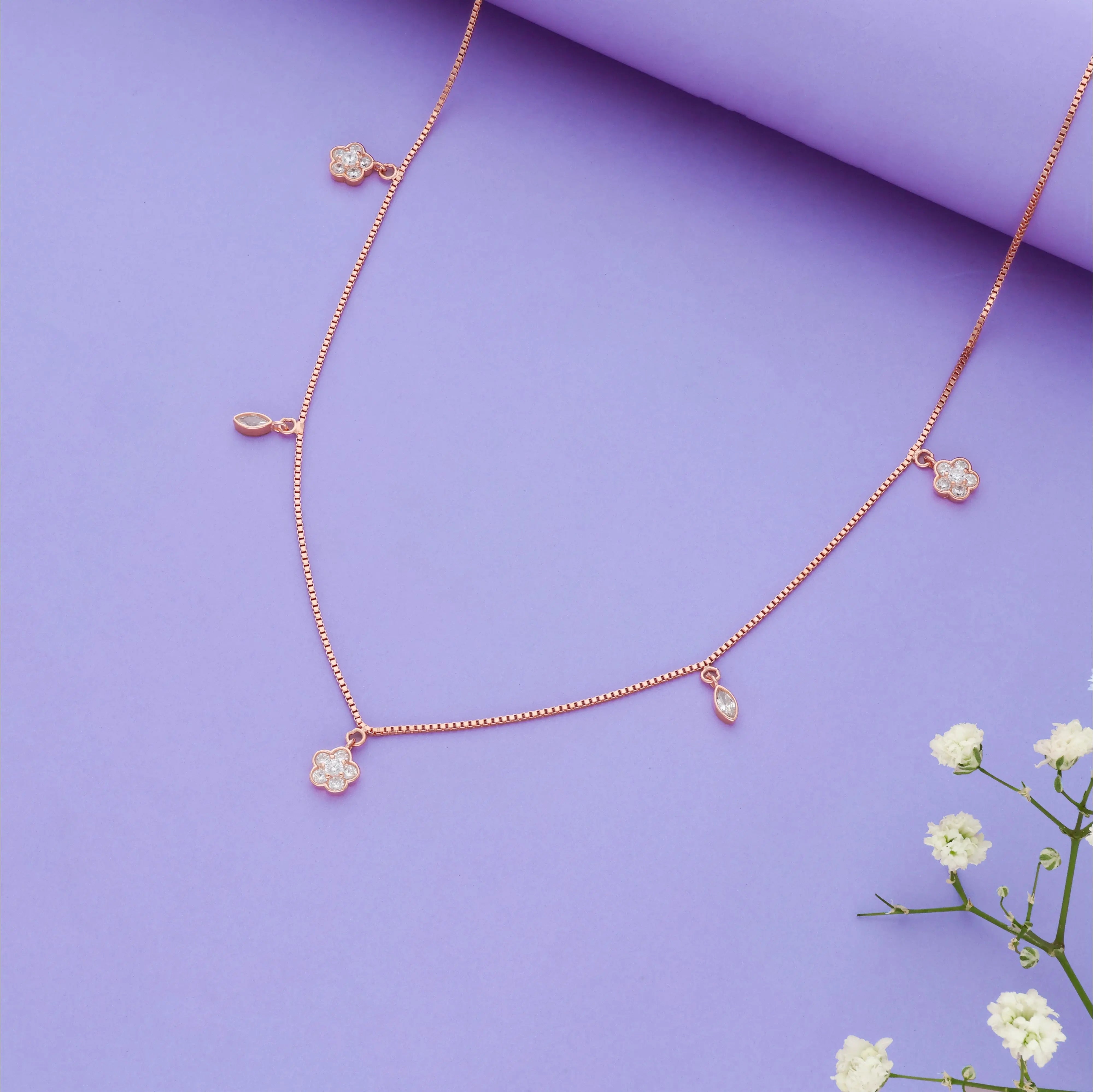 925 Silver Blossom and Leaf Stone Charm Chain Necklace