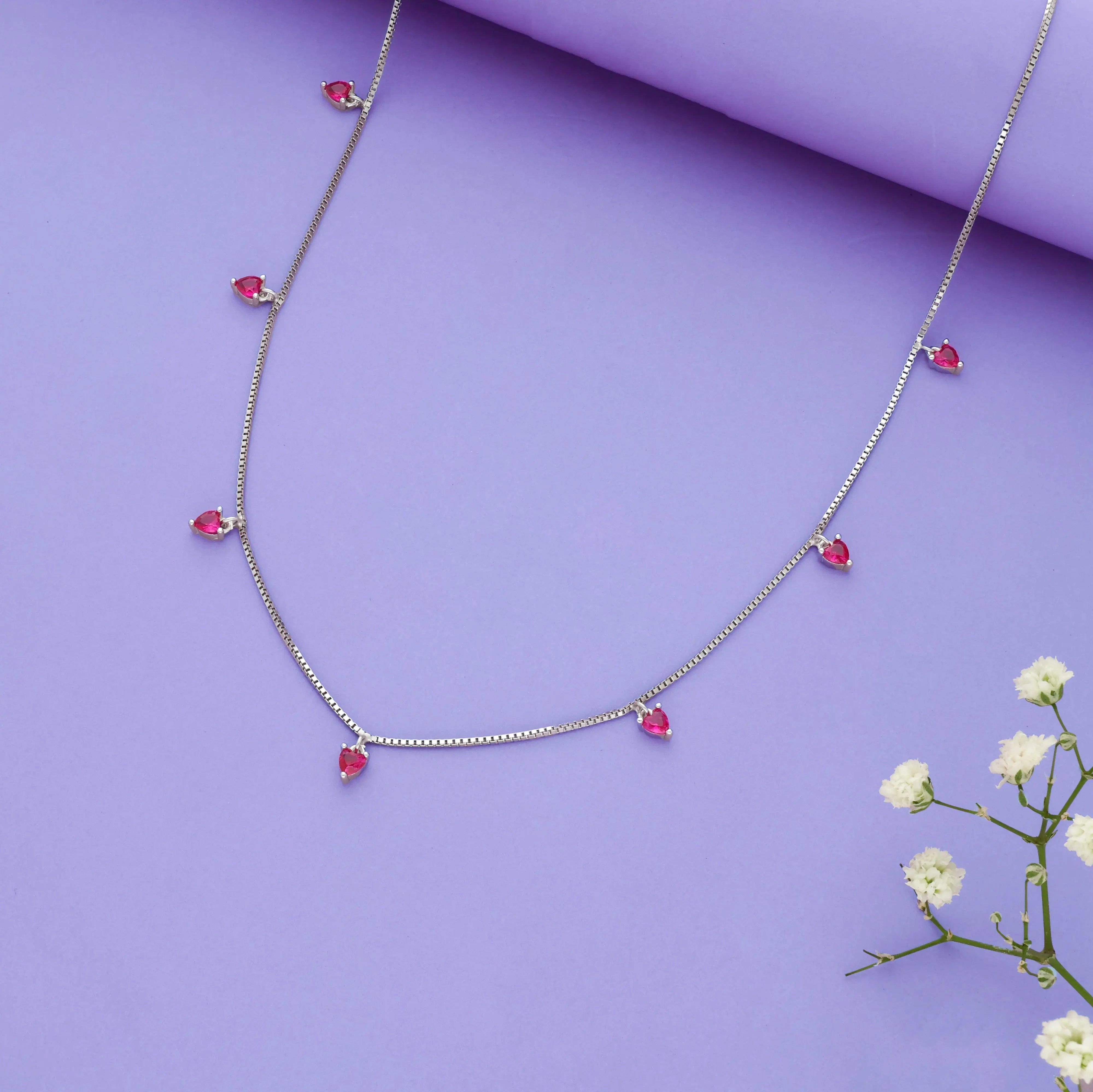 925 Silver Red Heart Charm Chain Necklace
