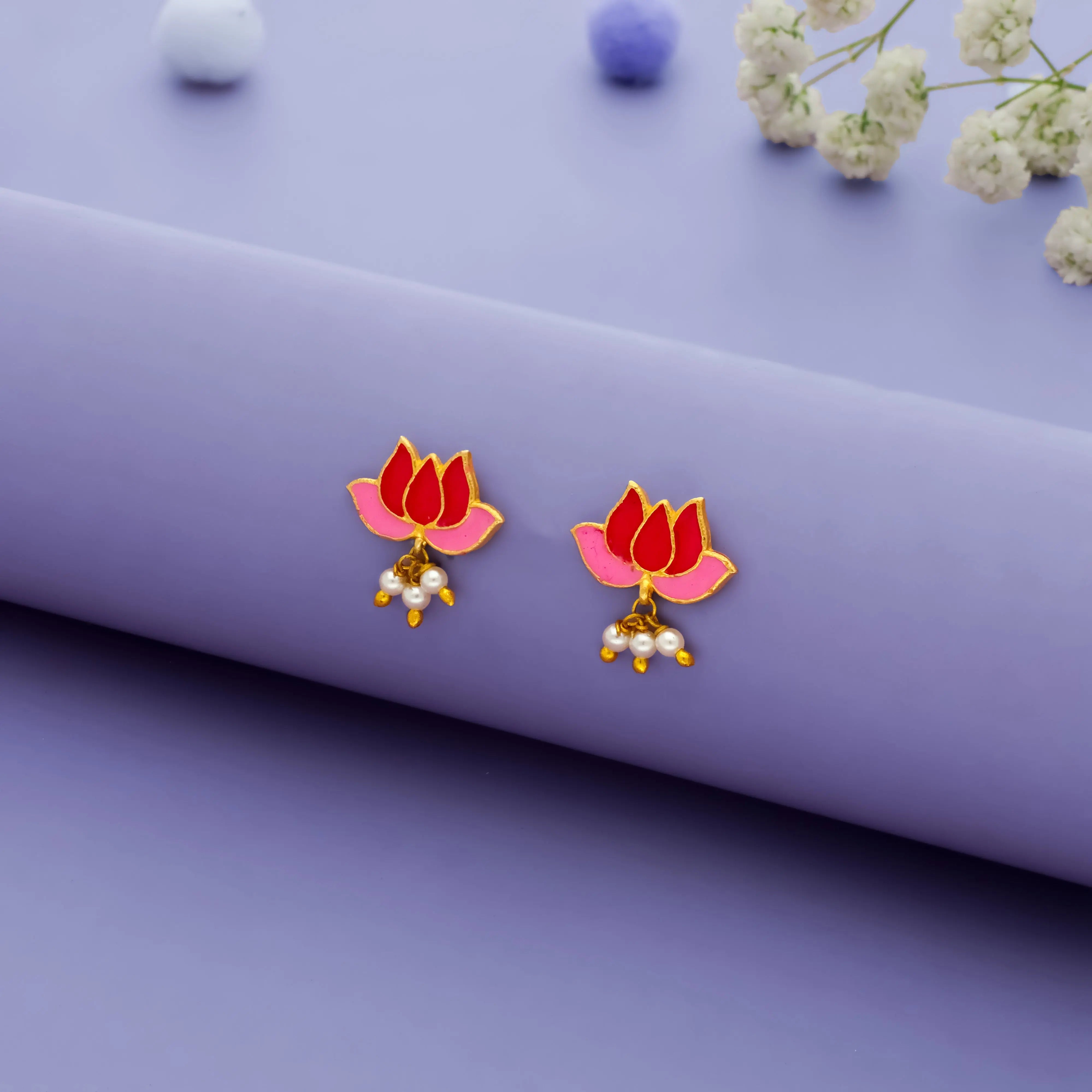 925 Gold-Plated Silver Pink Lotus Enamel Studs