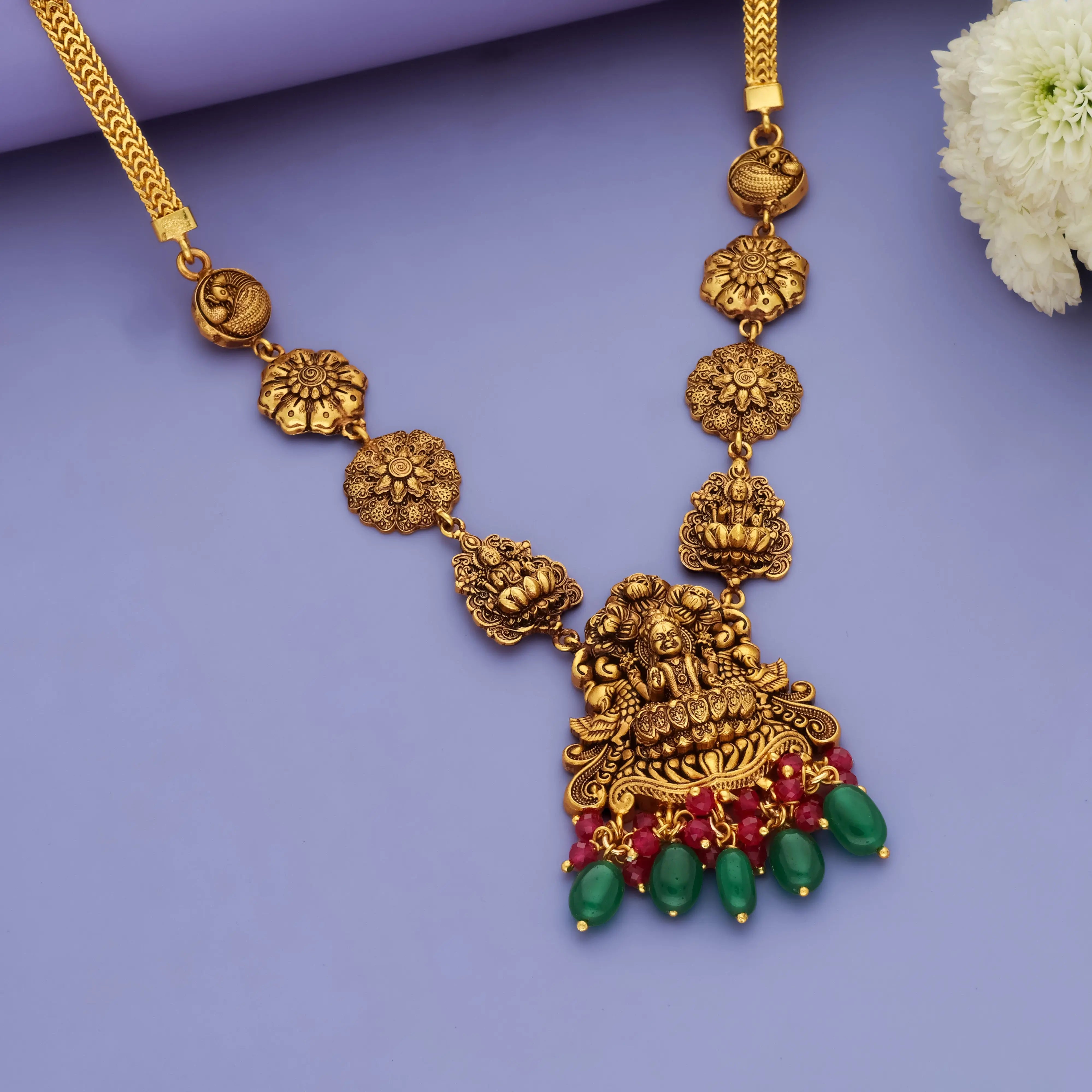 925 Pure Silver Gold Polish Lakshmi Long Haram Necklace
