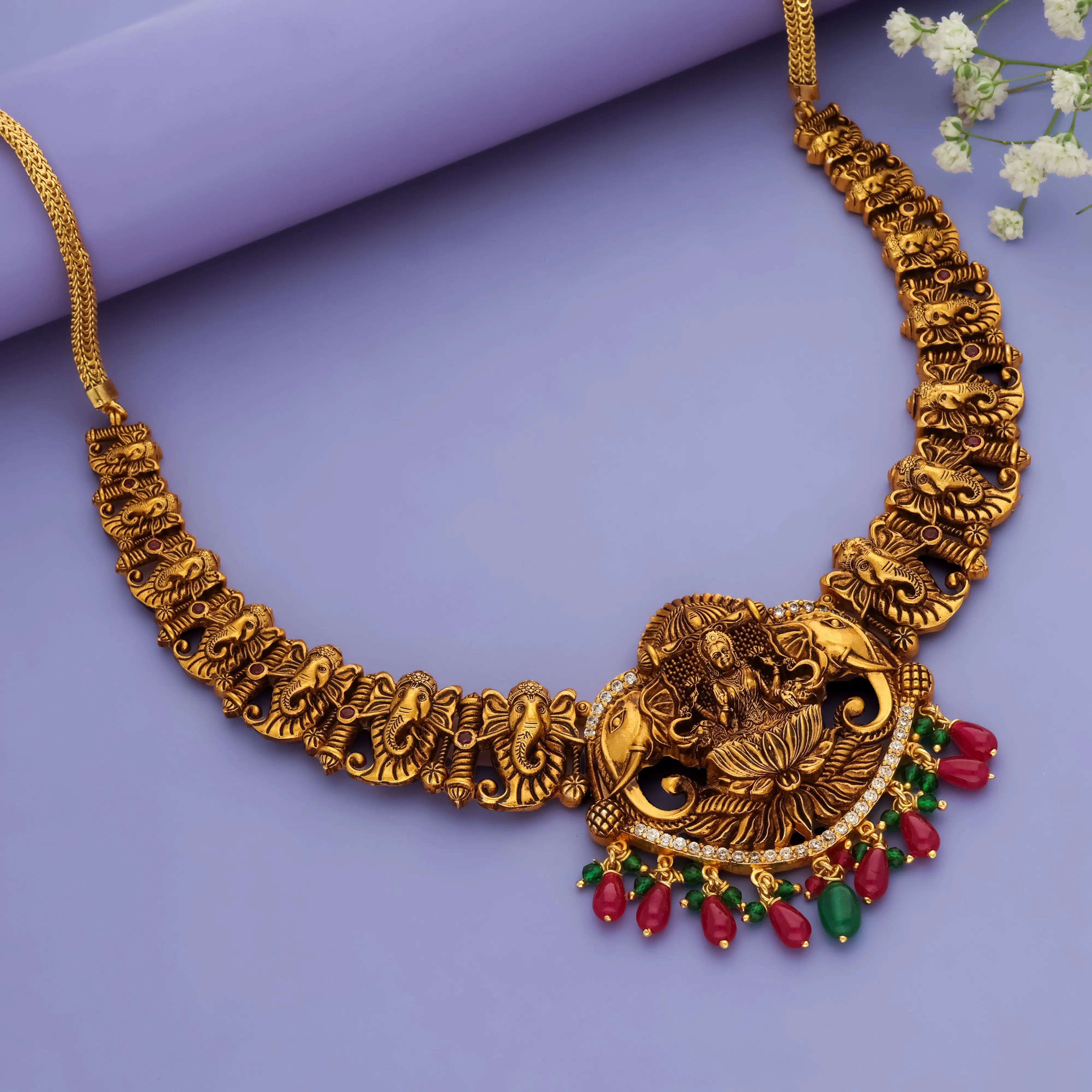 925 Silver Gold Polish Gaja Lakshmi Ganesha Temple Necklace