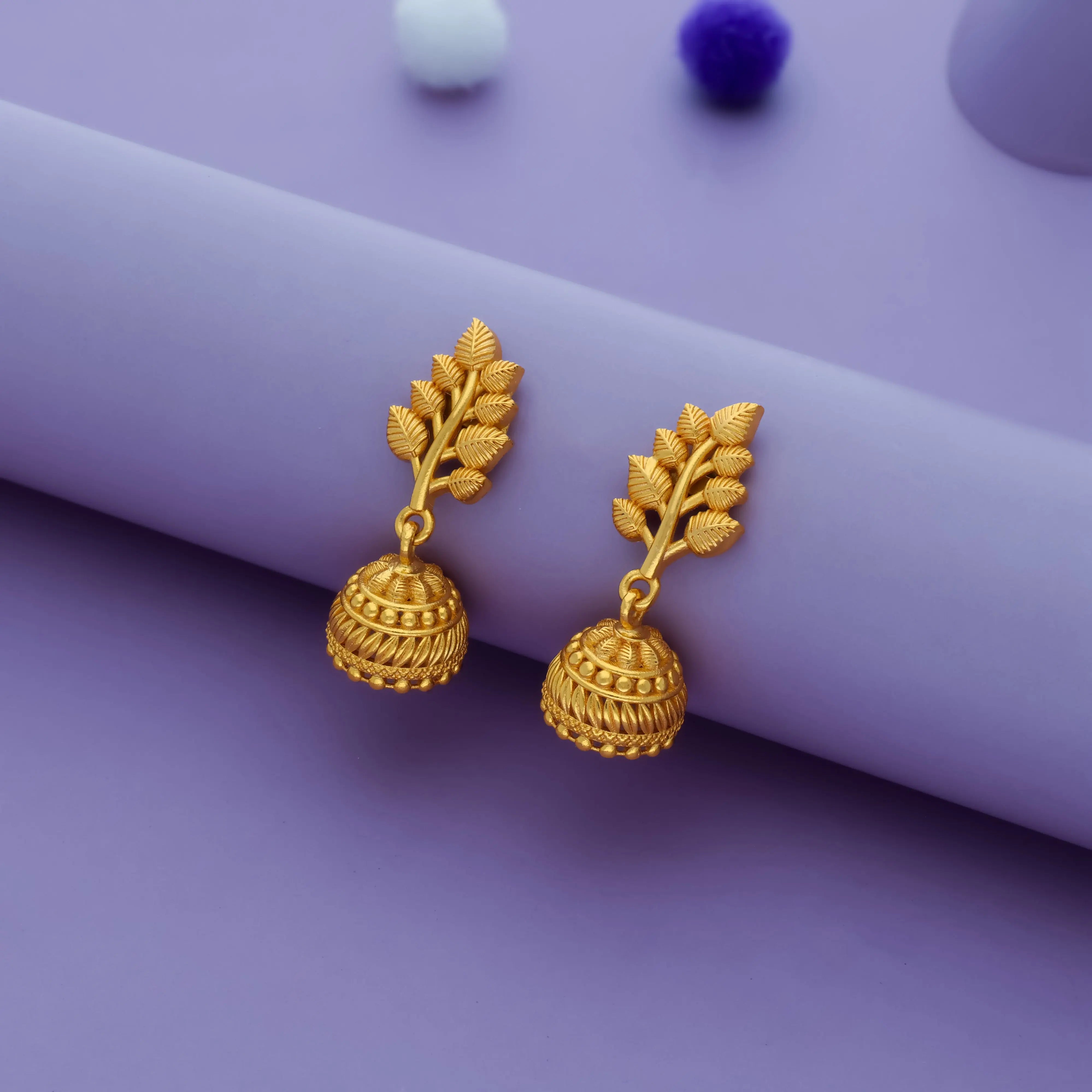 925 Silver Gold Polish Leaf Design Jhumka Earrings