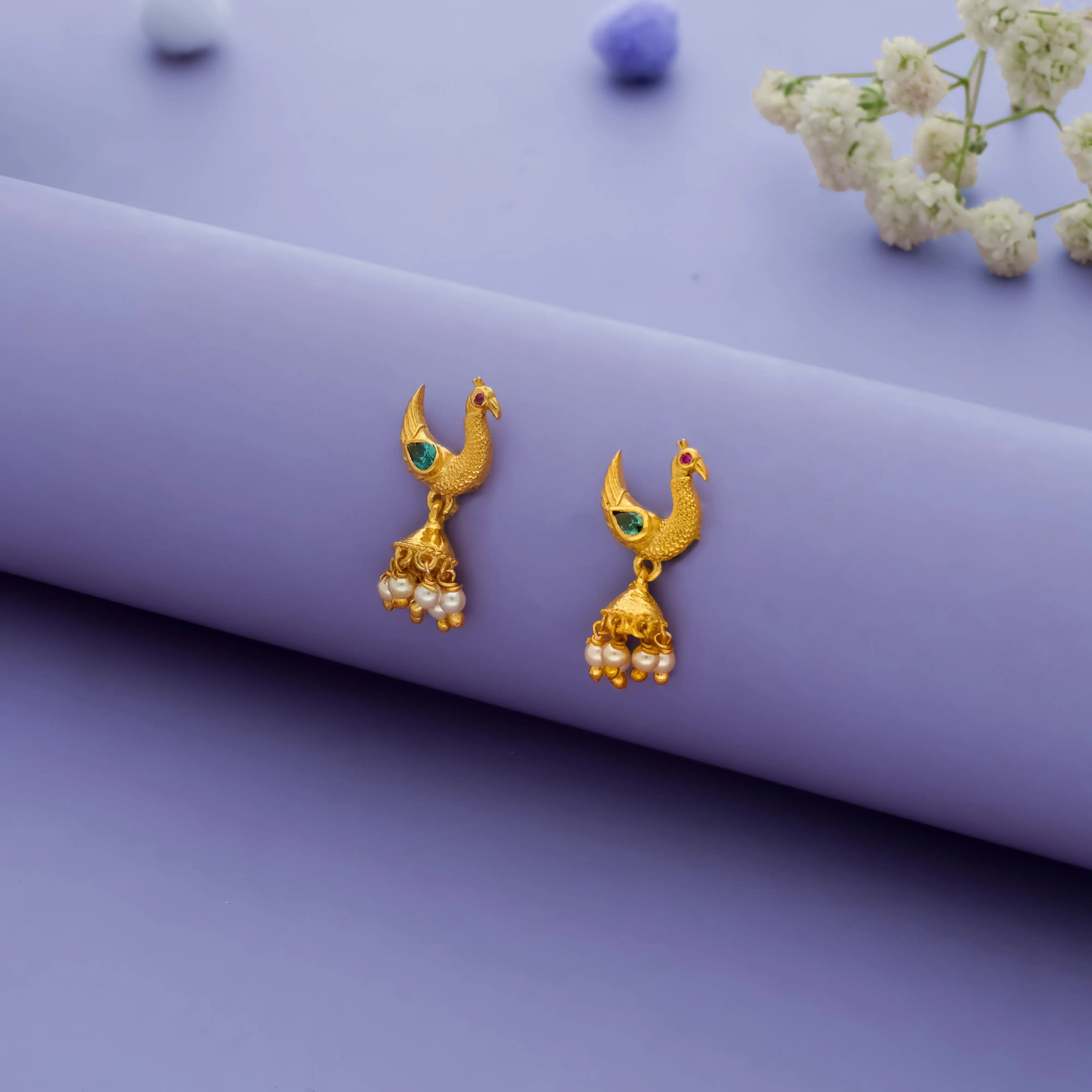 925 Silver Matte Gold-Plated Traditional Peacock Drops Earring