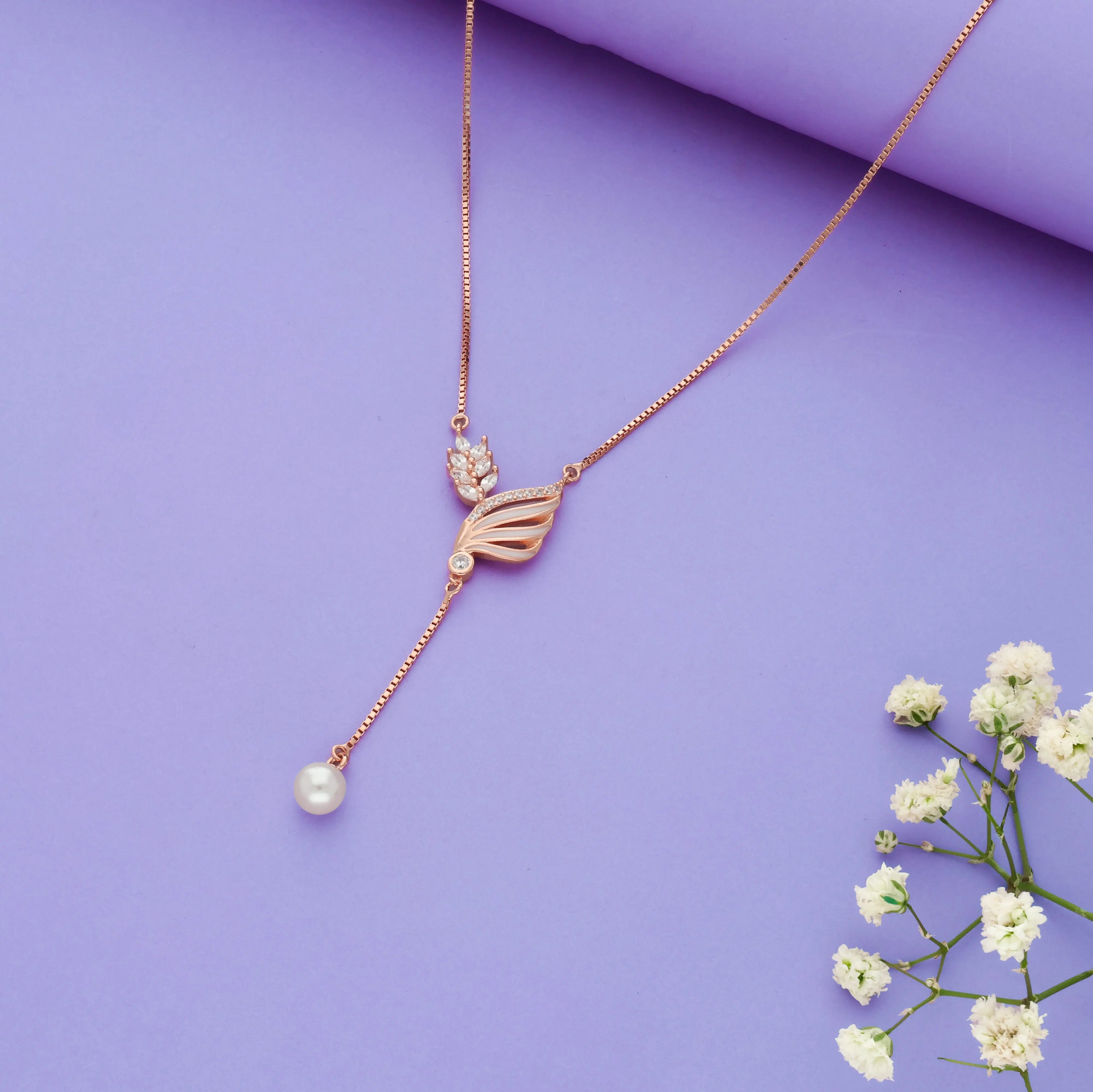 925 Sterling Silver Rose Gold Pearl Leaf Charm Necklace