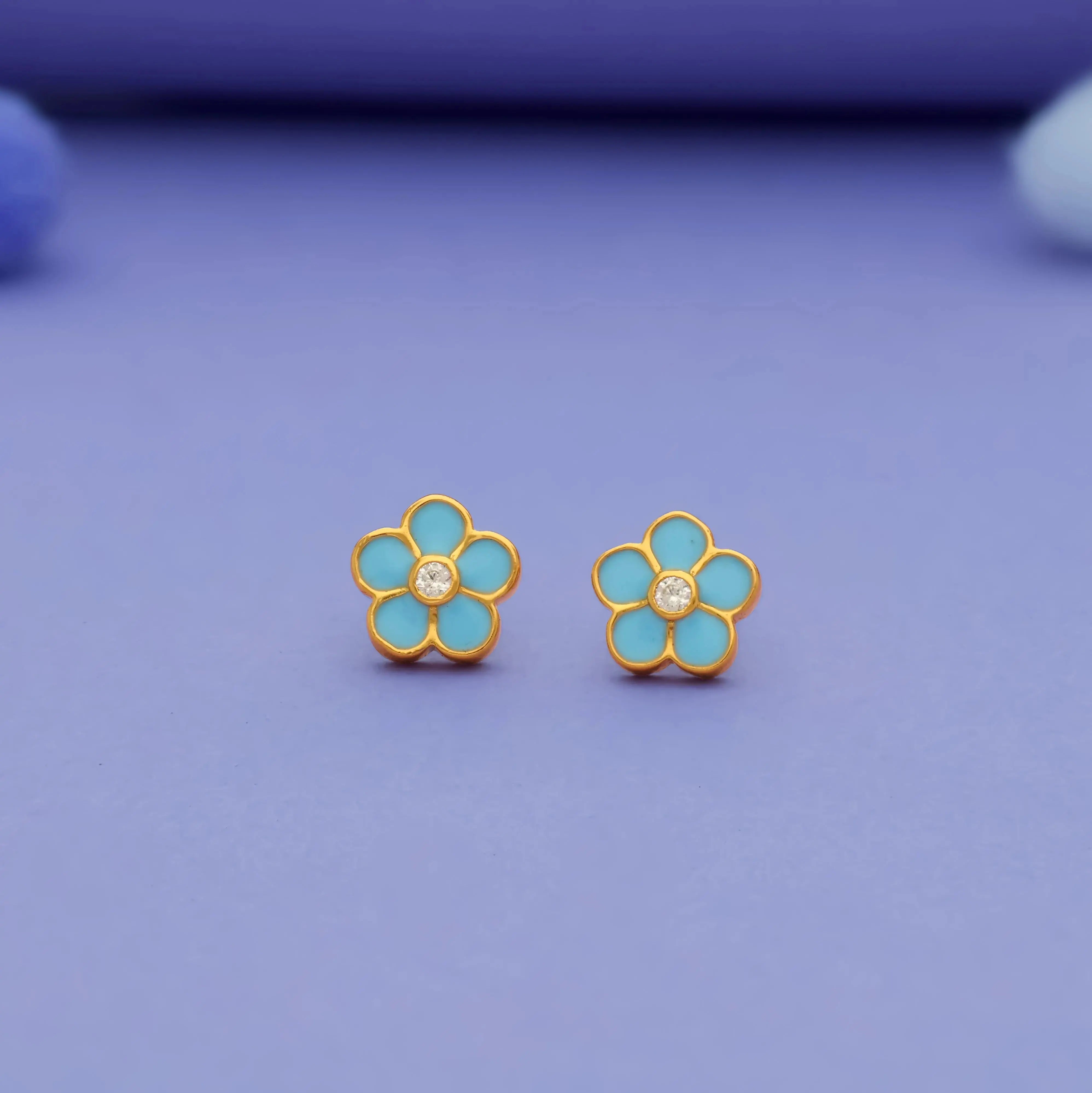 925 Pure Sterling Silver Sky Blue Floral Stud Earrings for Kids
