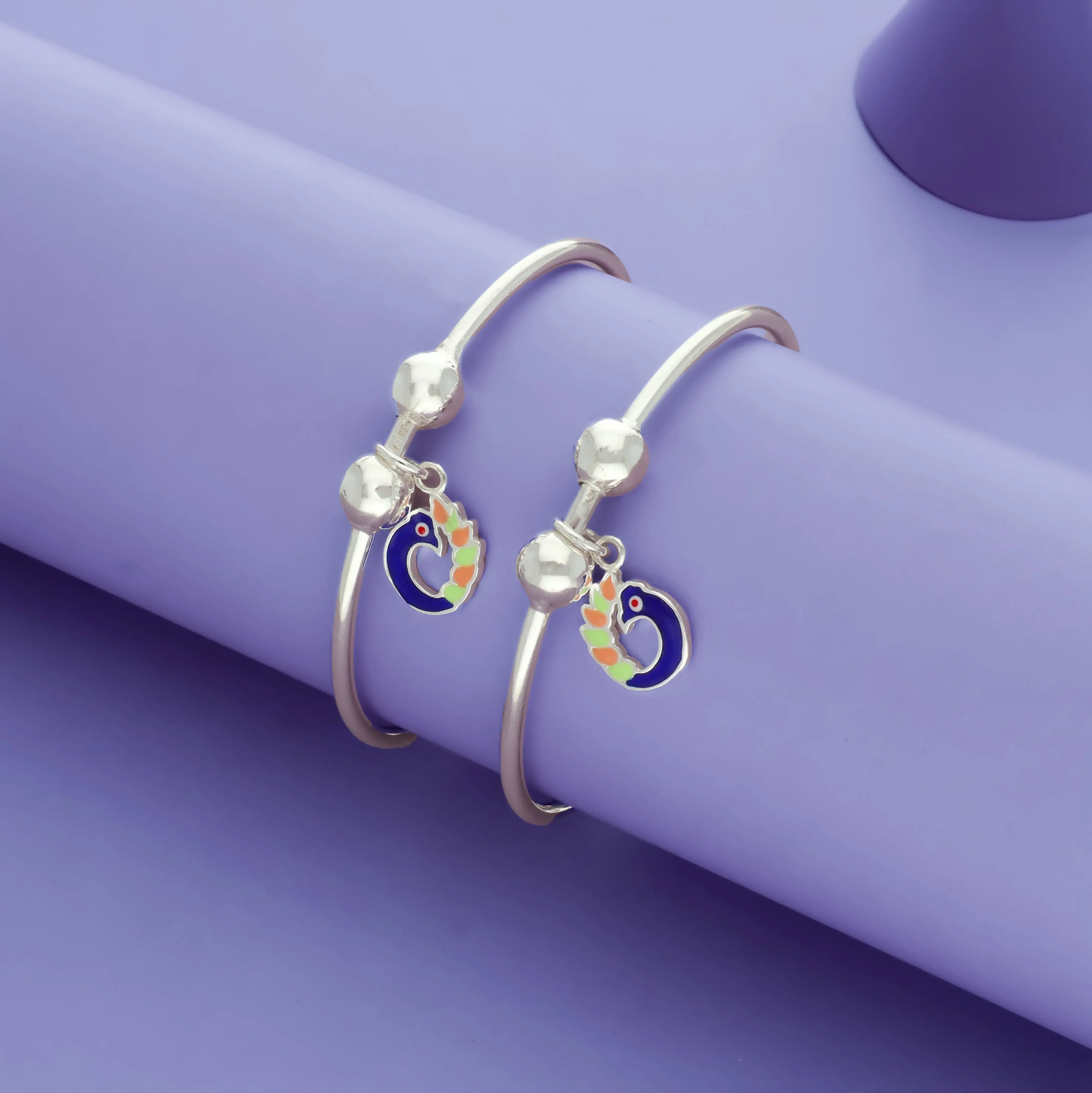 925 Silver Adjustable Kids Bangle with Peacock Dangle Charm