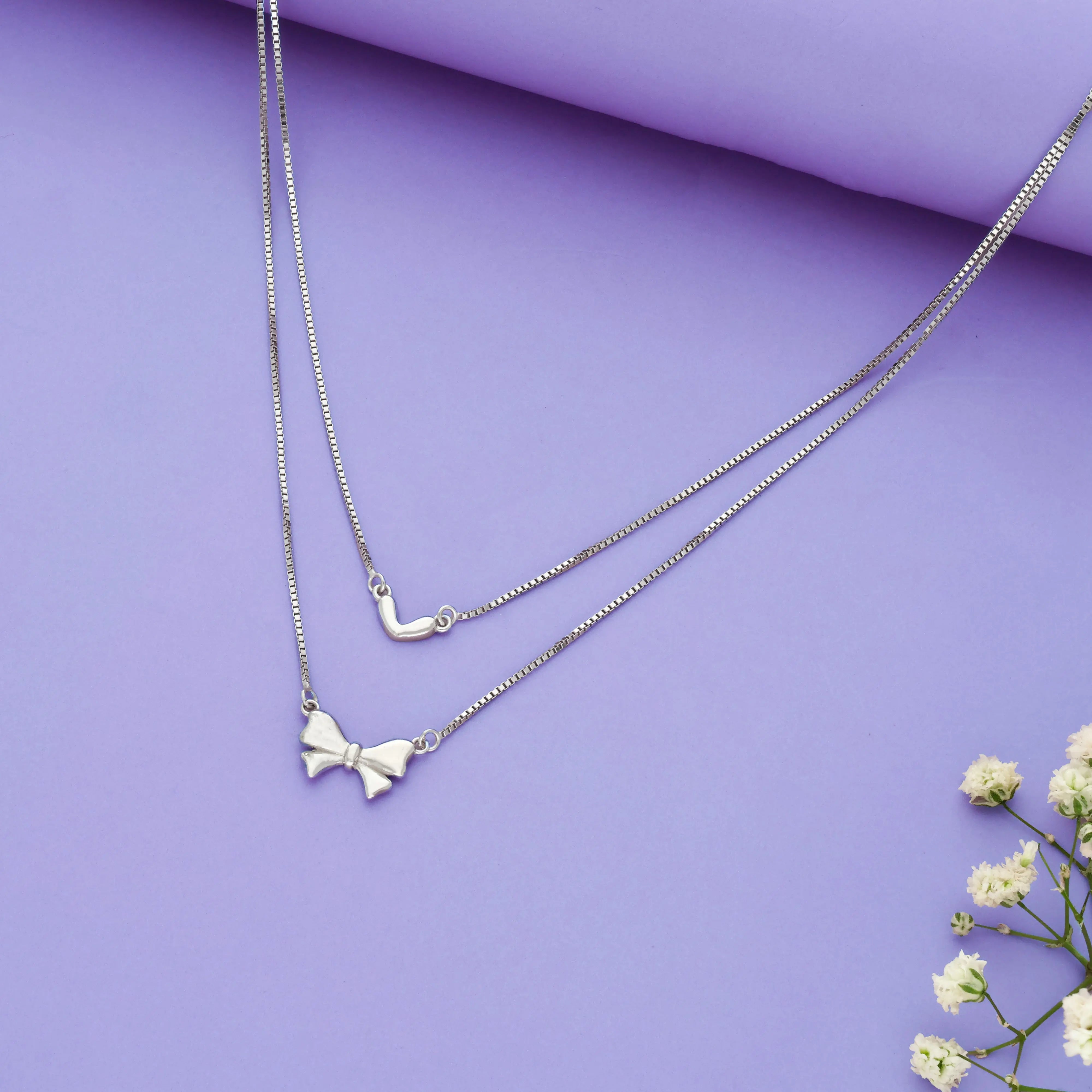 925 Silver Ribbon with Heart Double-Layer Party Wear Chain