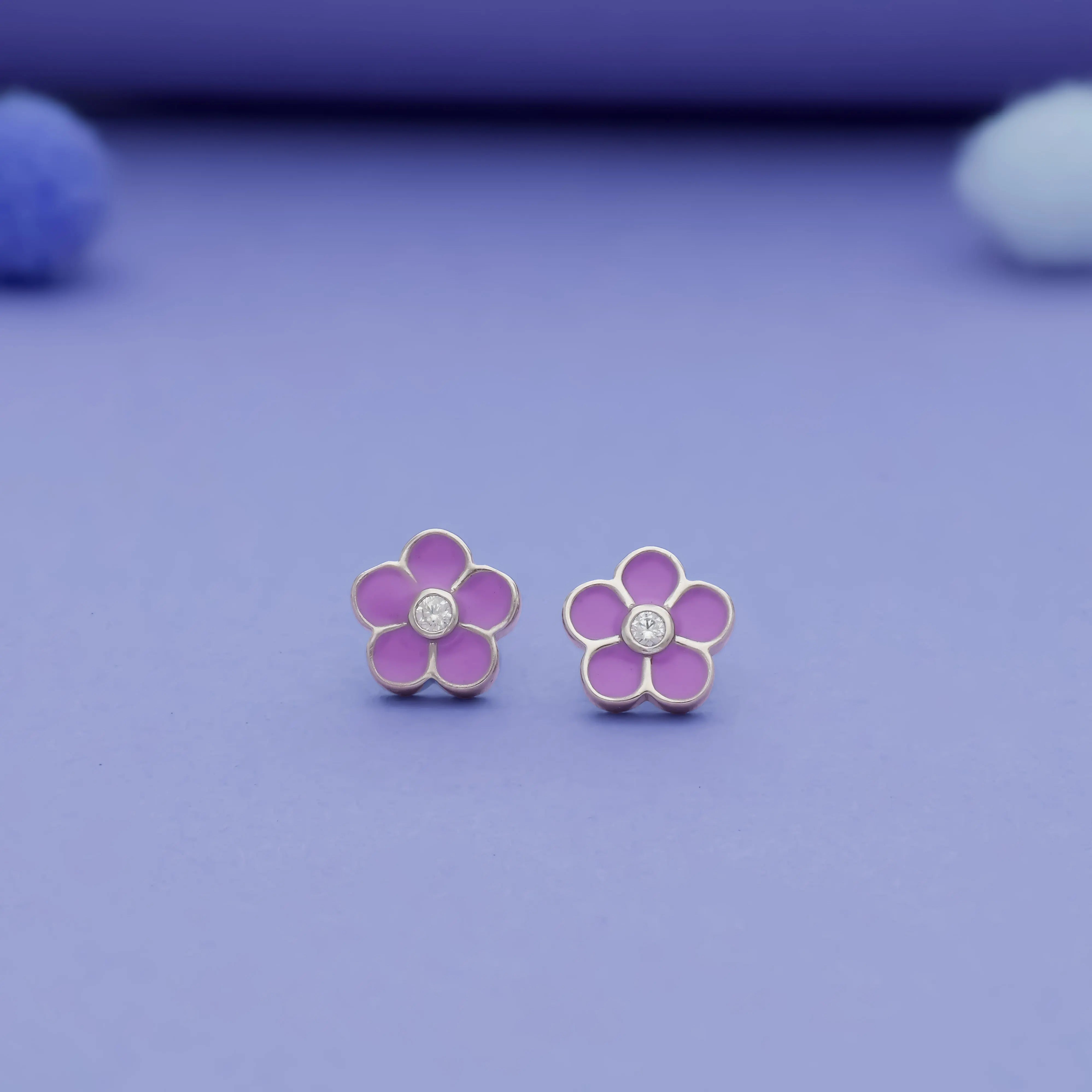 925 Silver Kids Stud Earrings with Violet Flower Design