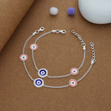 Evil Eye & Flower Charm 925 Silver Kid Anklet (4-6 Yrs)