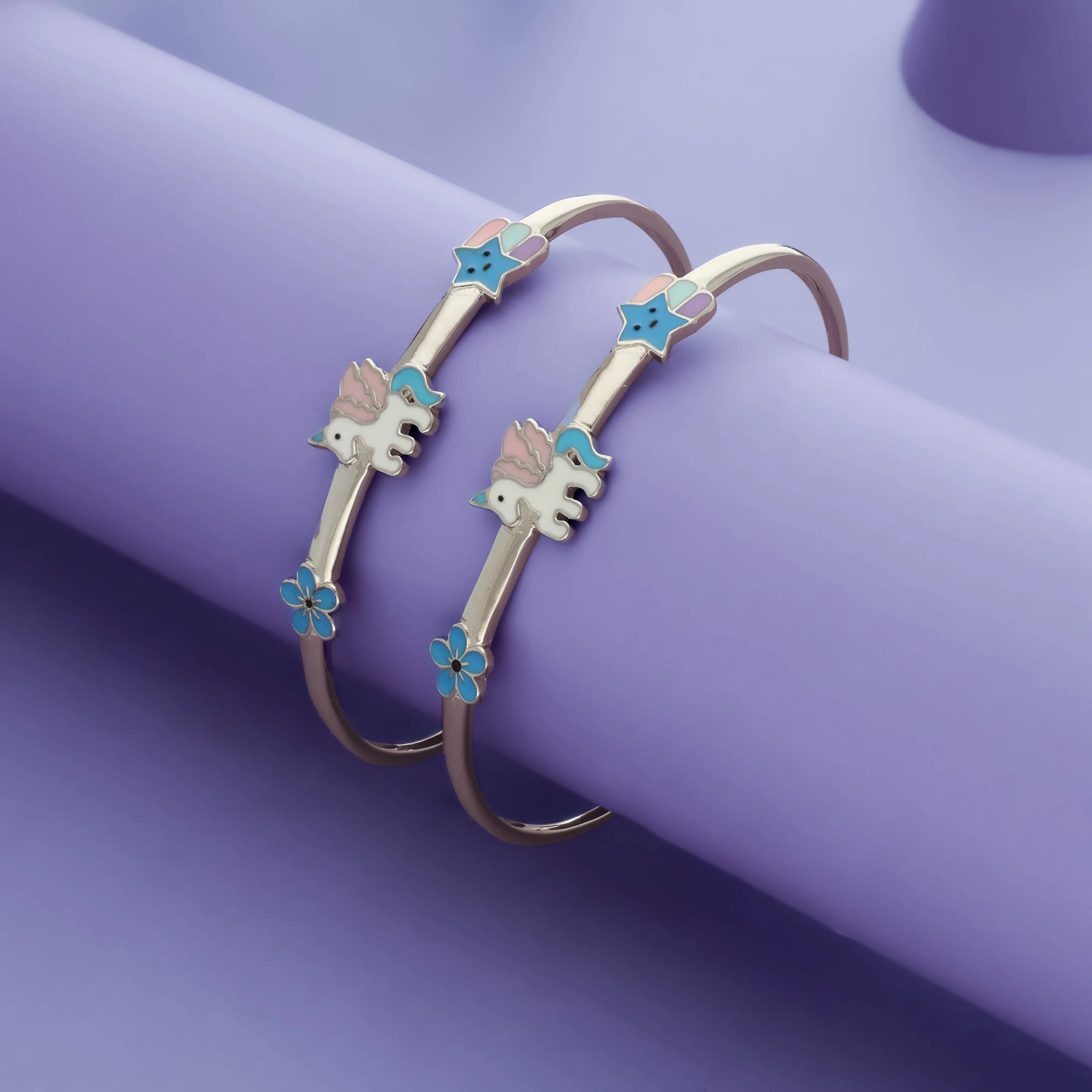 Floral Unicorn Kids Adjustable Bangles Silver