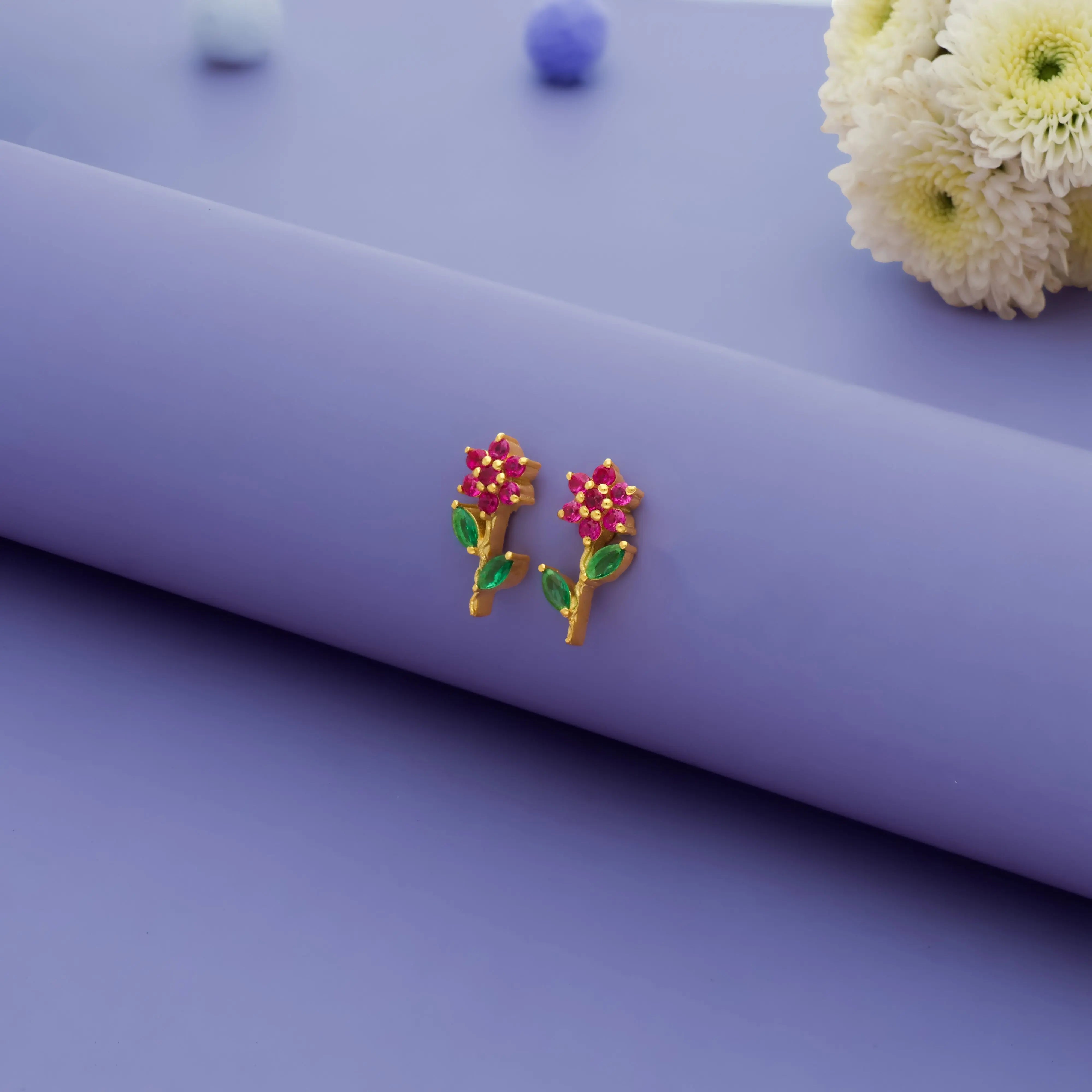 Gold Polish 925 Silver Floral Stem Studs