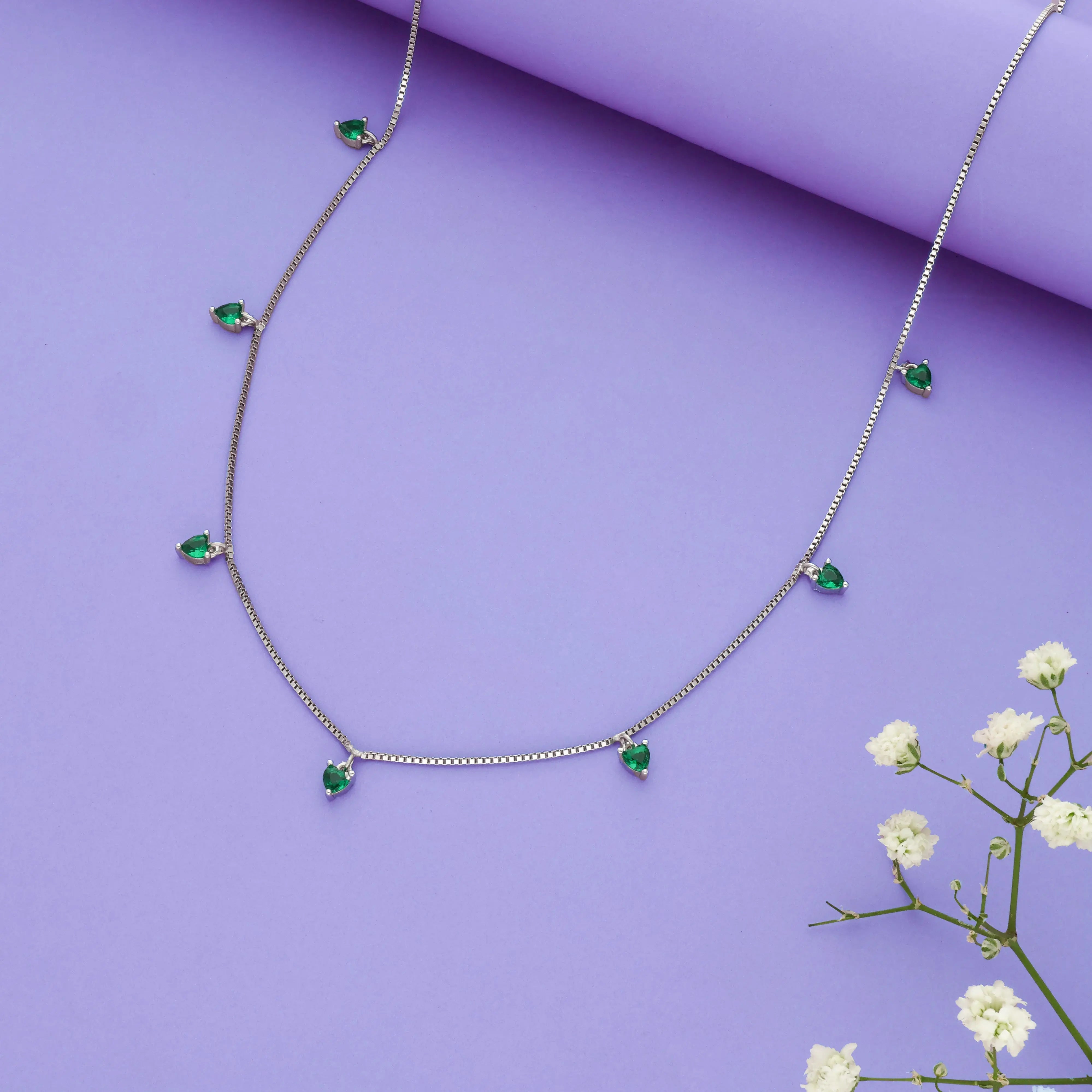 Green Heart 925 Silver Charm Chain Necklace