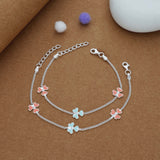 Peach & Blue Flower Charm 925 Silver Kid Anklet (4-6 Yrs)