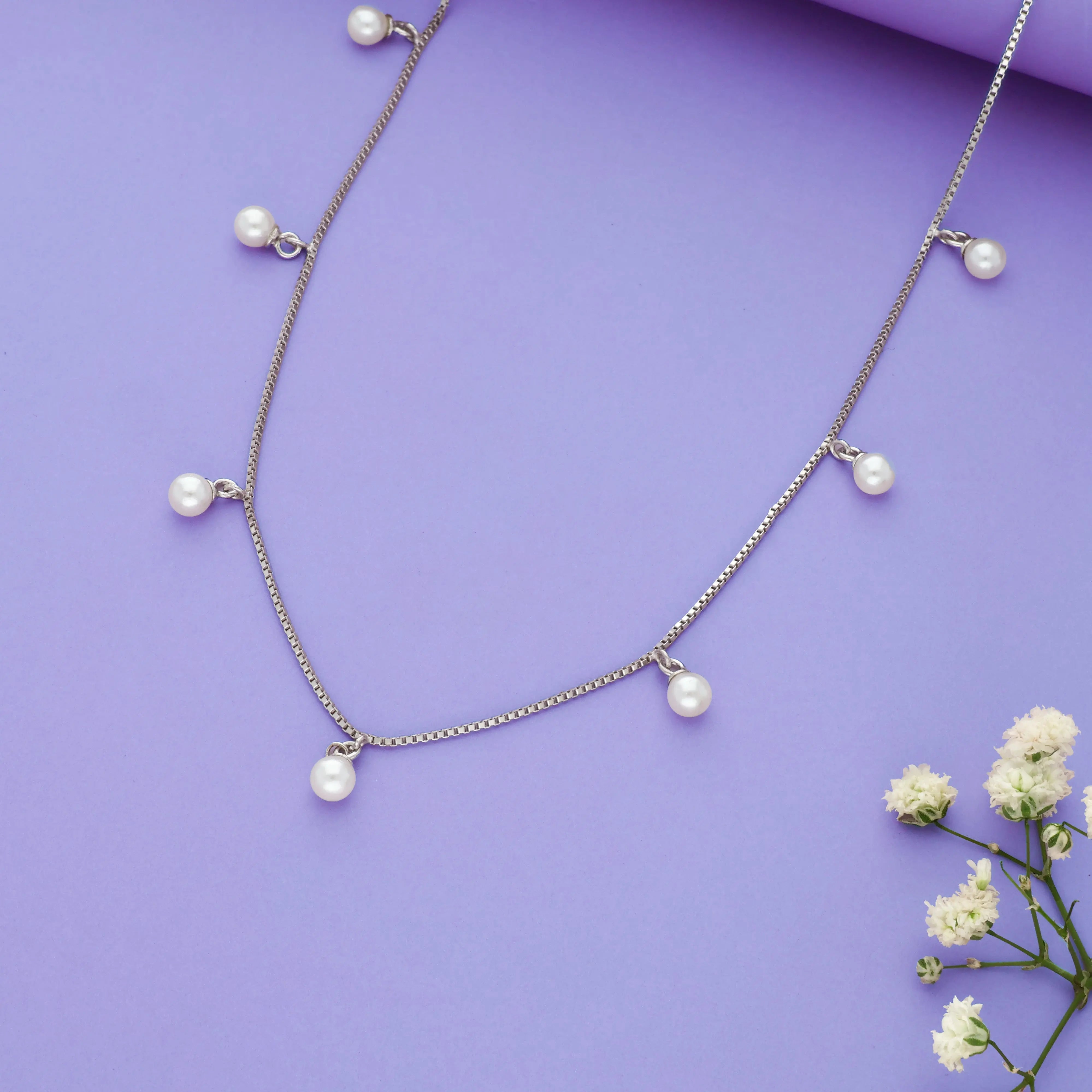 Pearl Drop 925 Silver Layered Chain Necklace