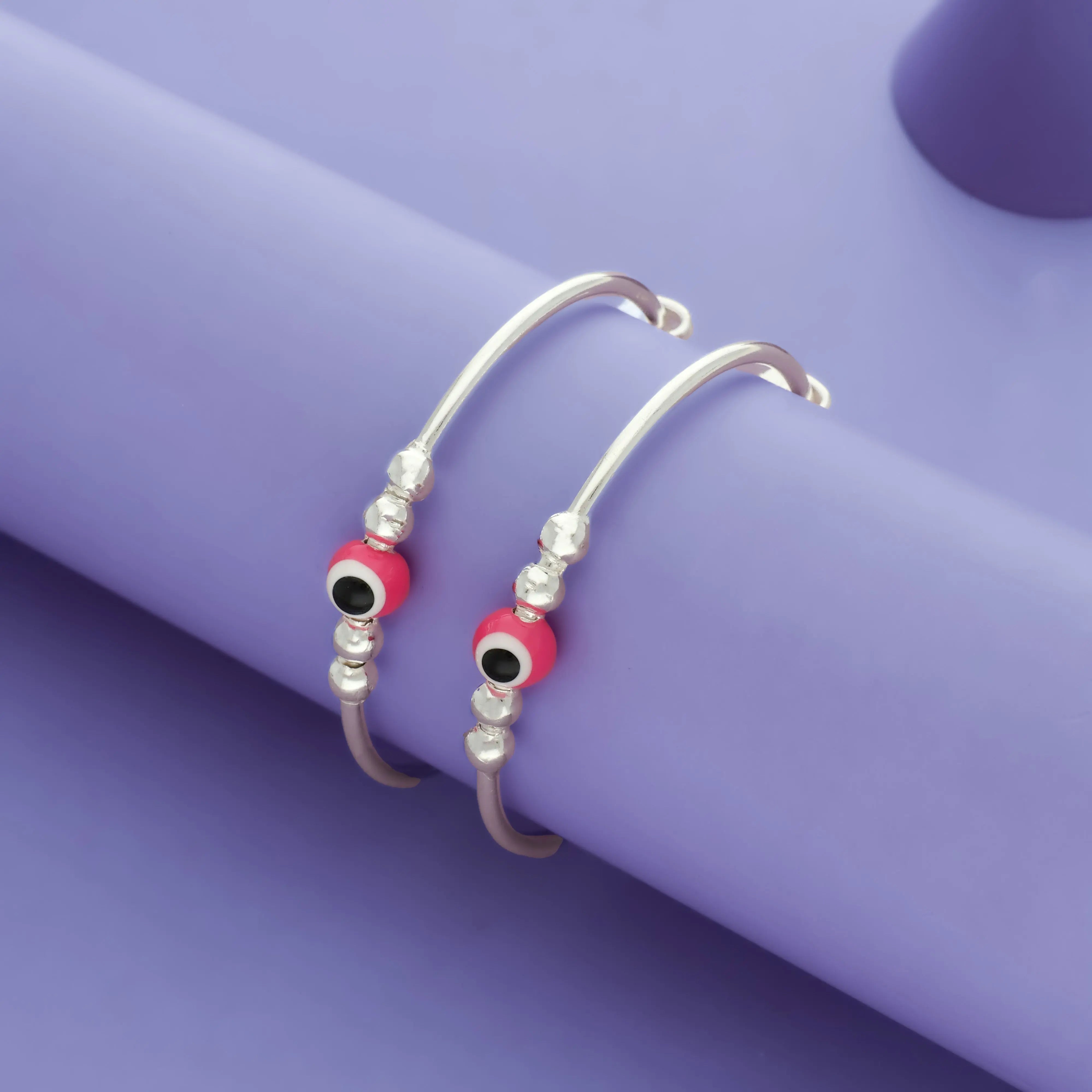 Pink Evil Eye 925 Sterling Silver Adjustable Kada Set
