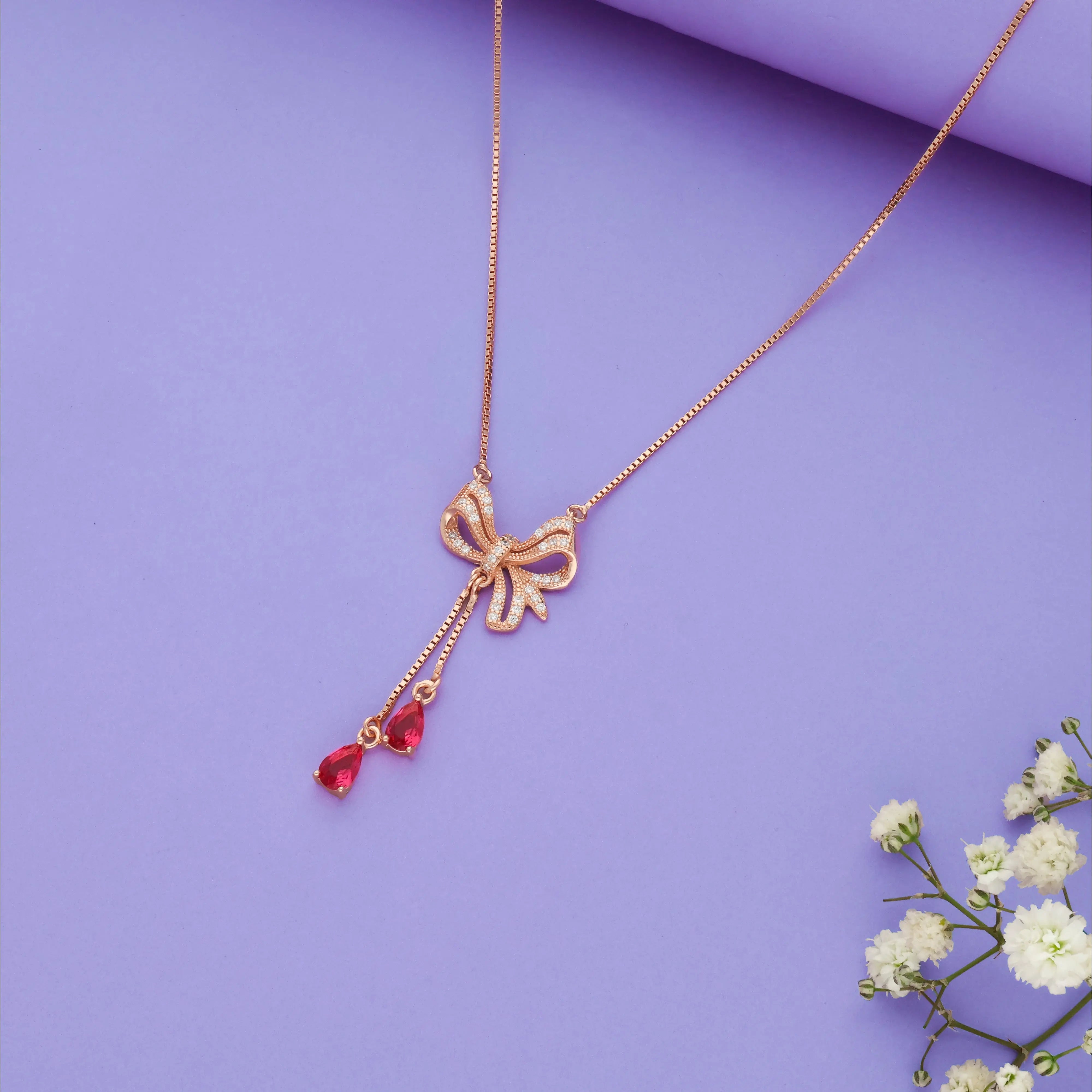 Red Bow Drop 925 Silver Necklace