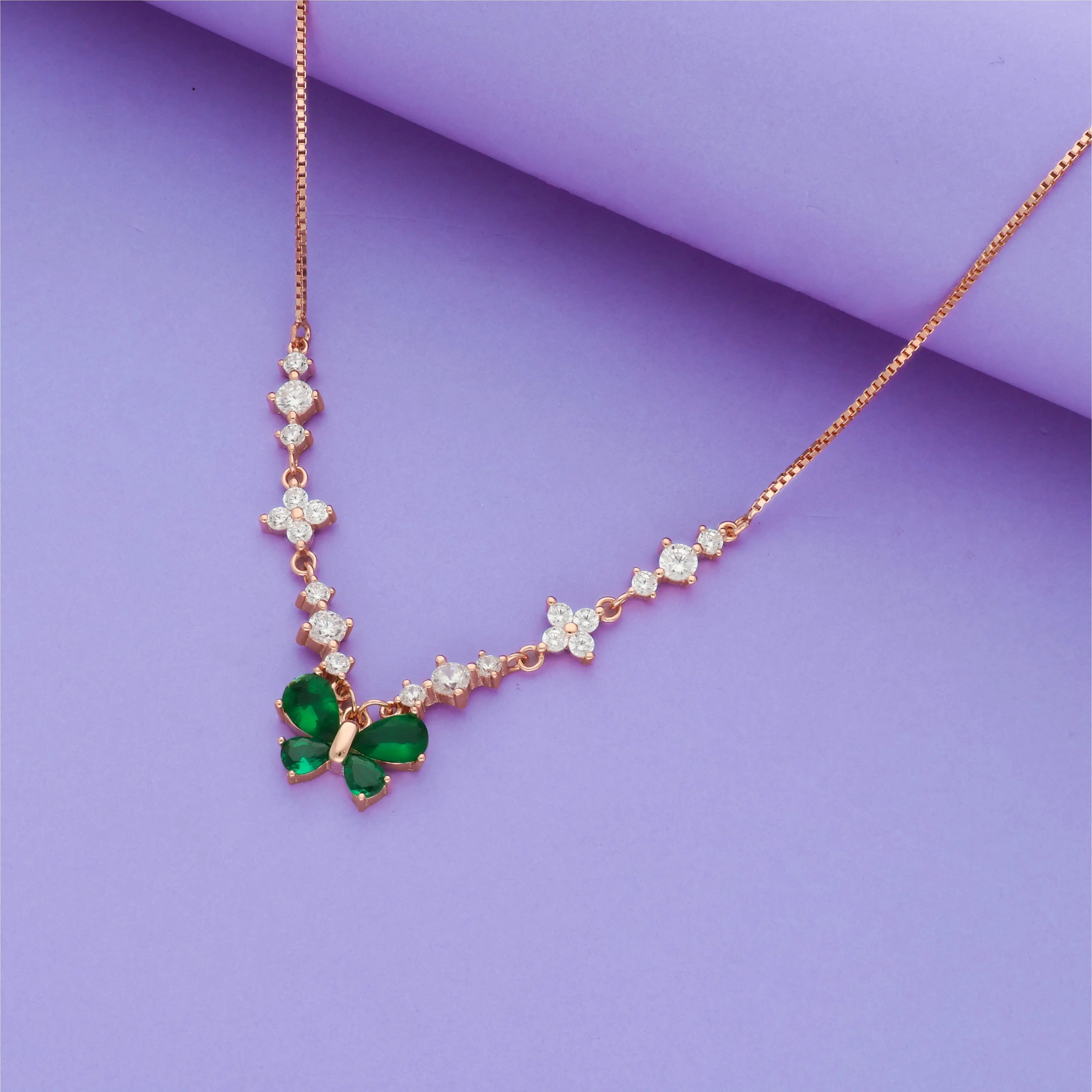 Rose Gold Green Butterfly Charm Necklace