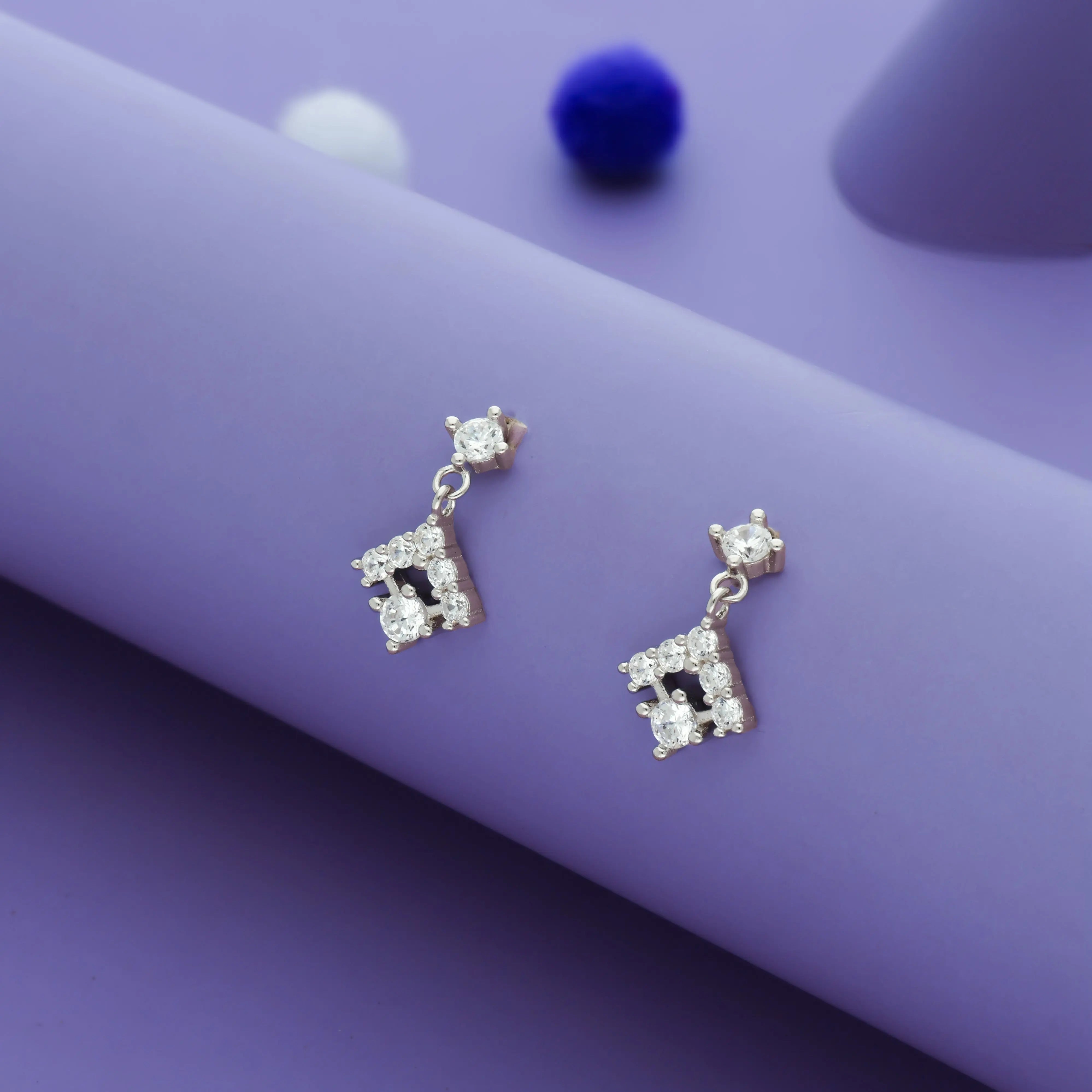 925 Sterling Silver Square CZ Drop Earrings