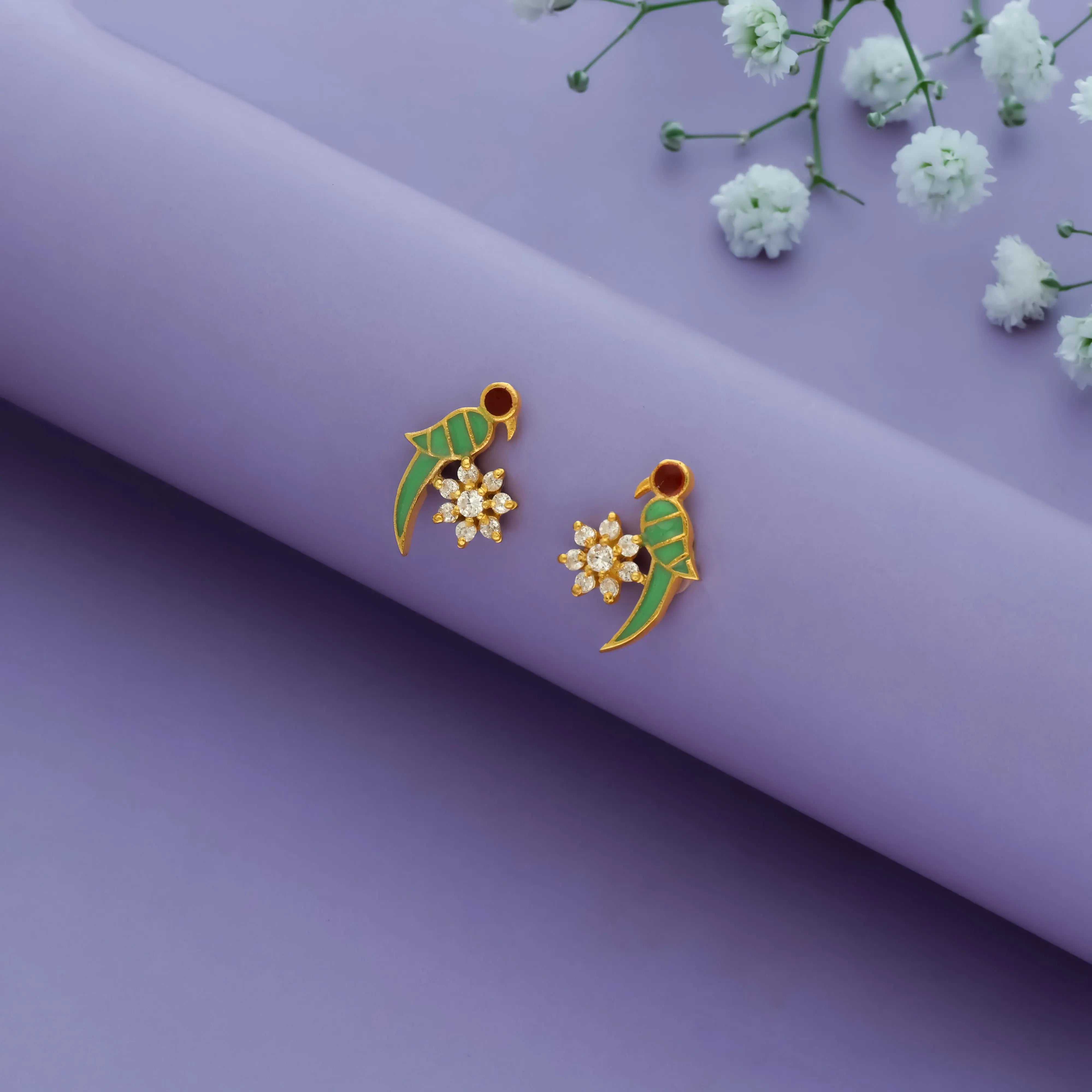 925 Silver Green Parrot Floral Stud Earrings