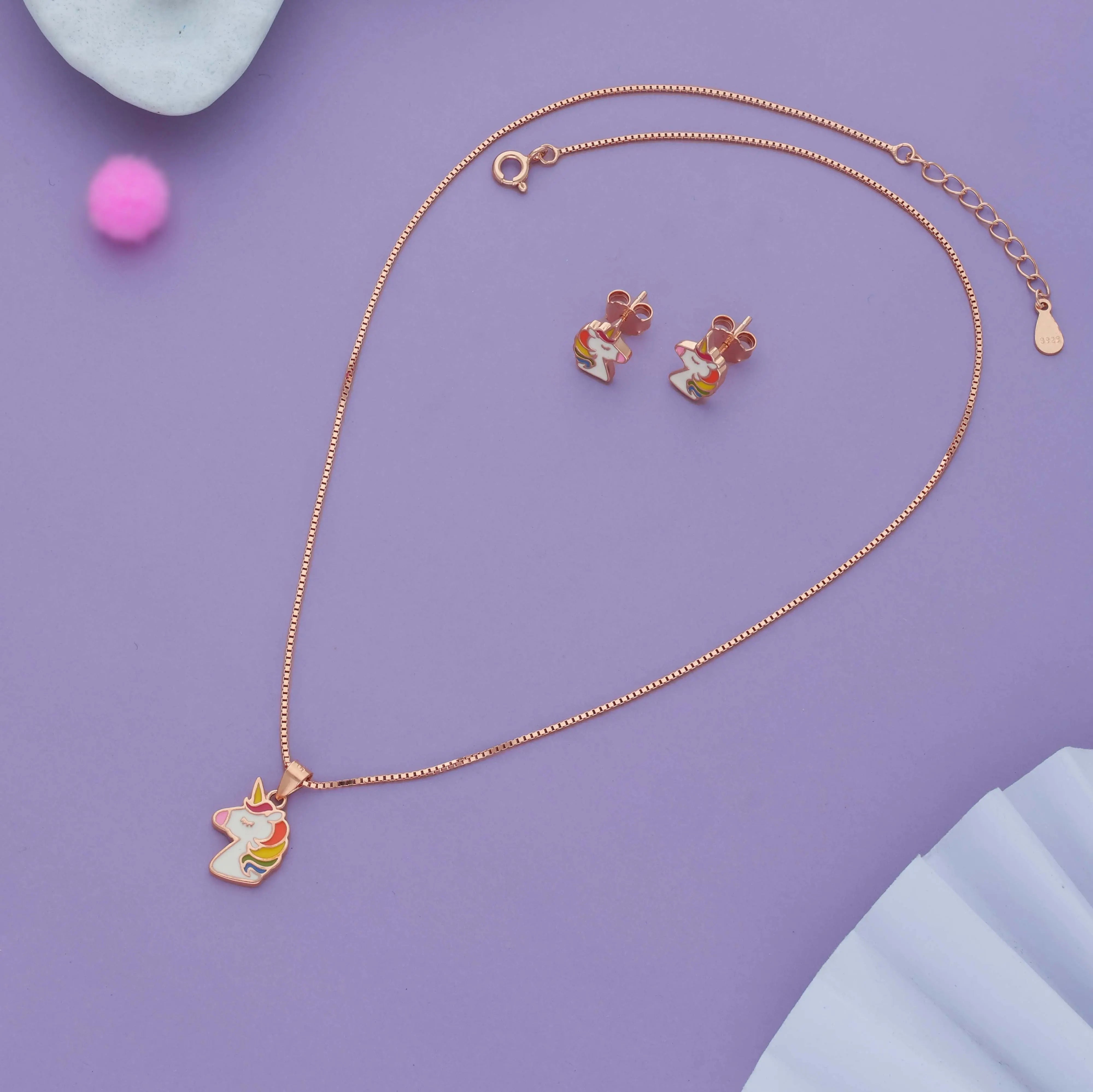 Magical Unicorn Charm Rose Gold Polish 925 Silver Kids Pendant With Studs(3+ Years)