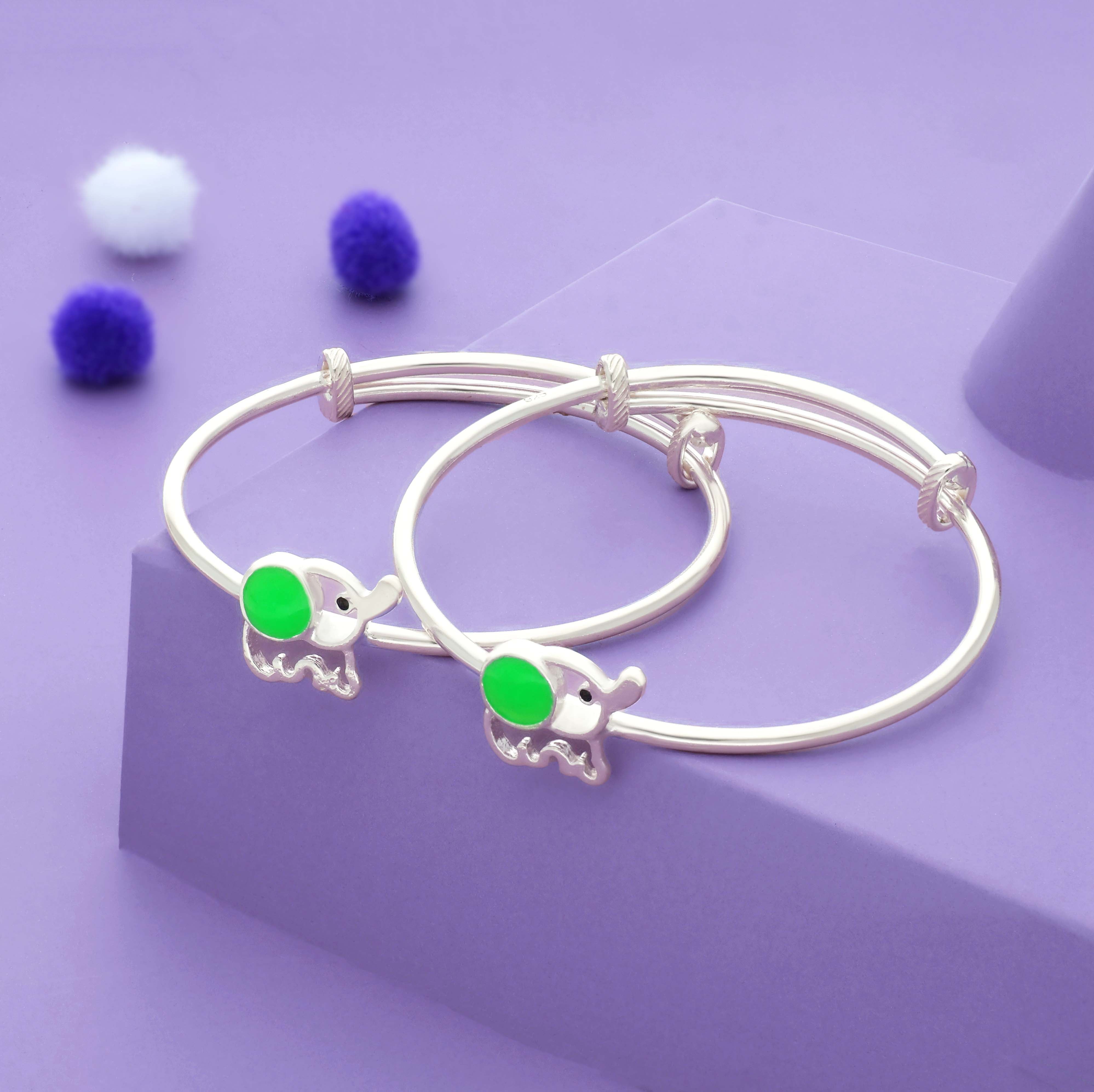 Green Elephant 925 Silver Kid Bangles (0-5 Yrs)