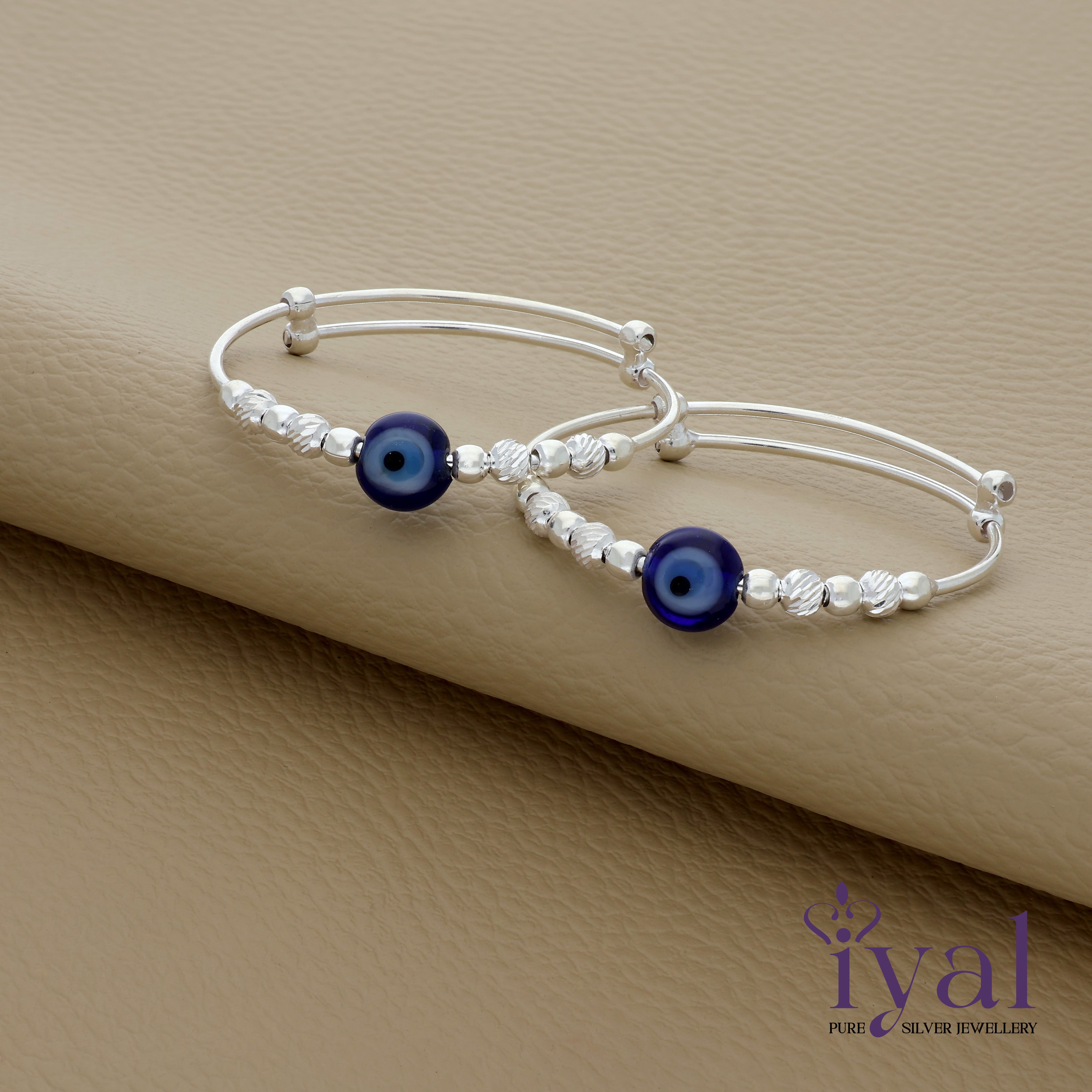 pure silver evil eye adjustable bangle for kids from zero to four years of age