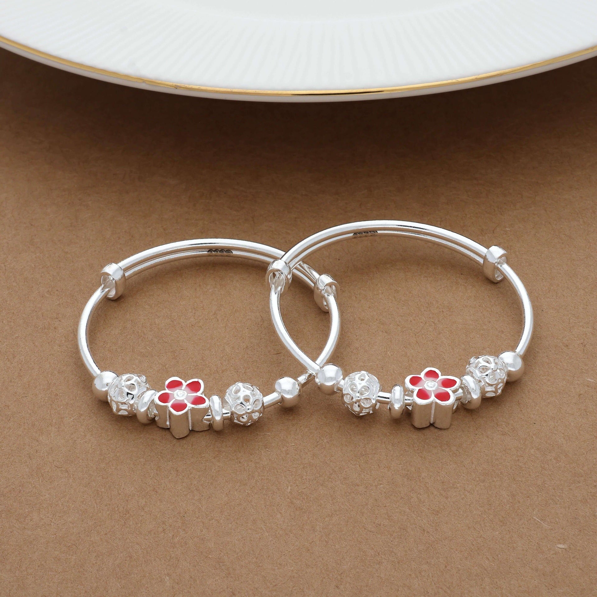 Red Flower Adjustable Silver Bangle for Kids (Girls)