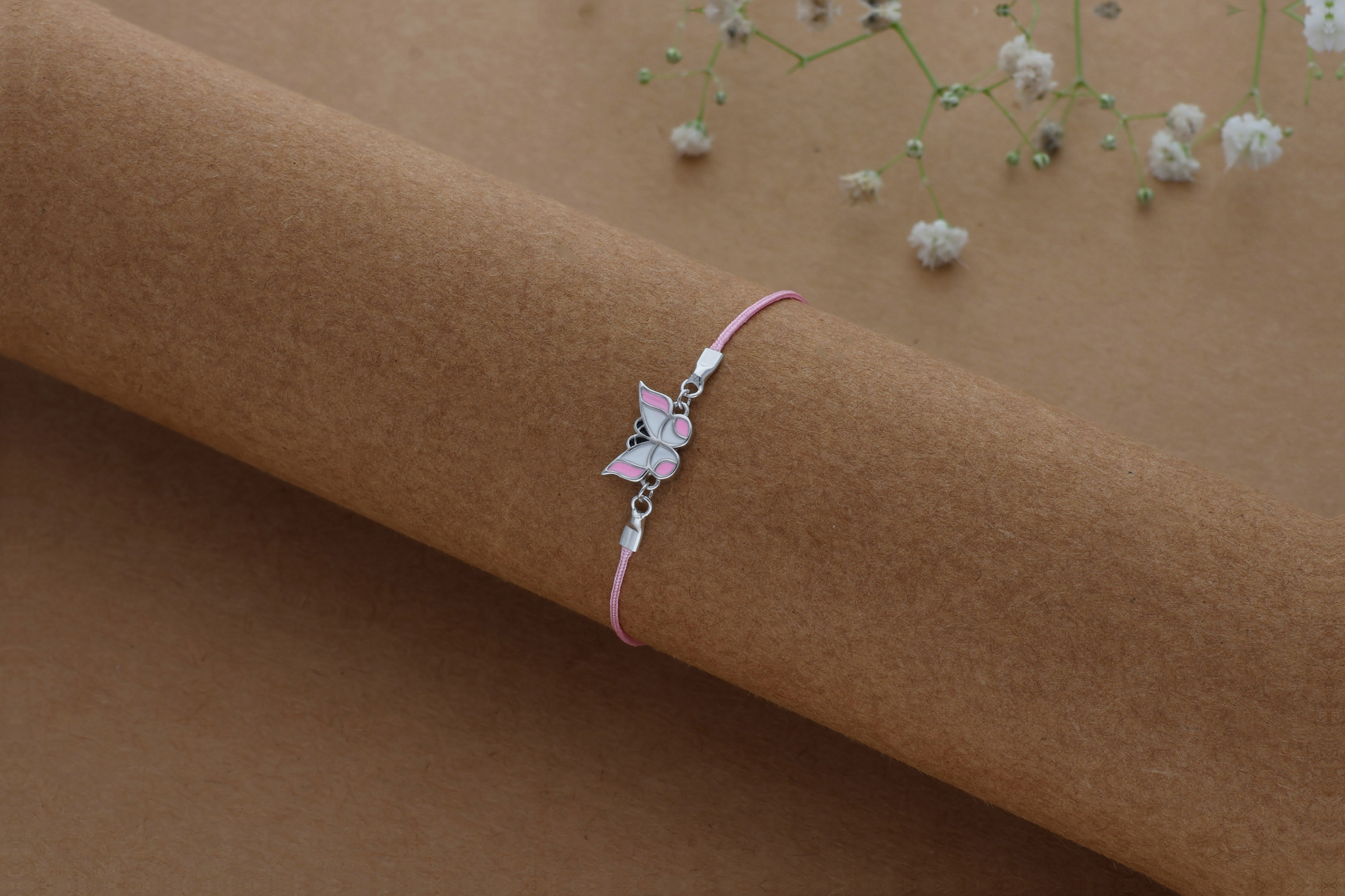 Pink Butterfly Thread 925 Silver Anklet for Kids(6months - 3Years)