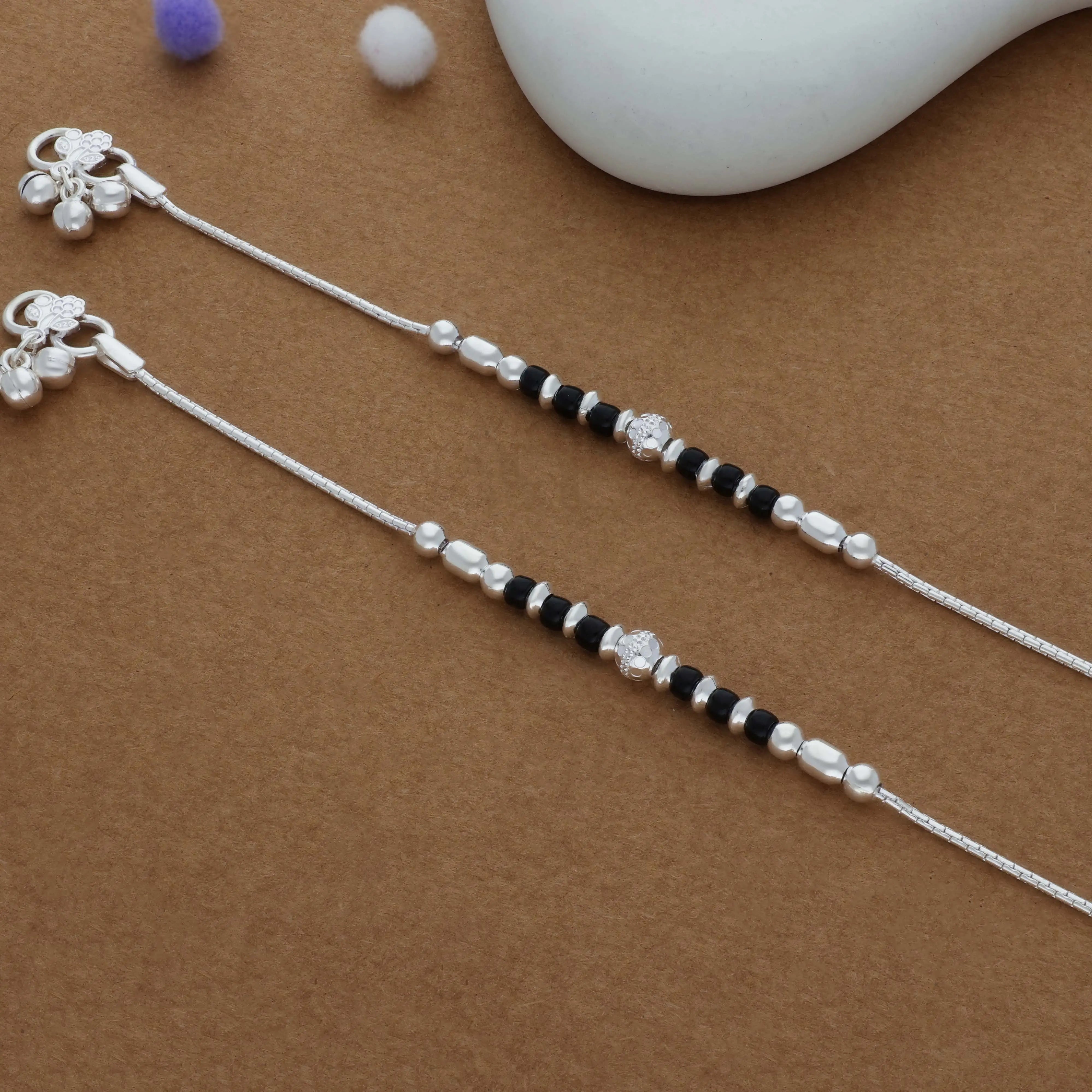 Black Beaded Traditional 925 Silver Kid Anklet(0–6 Months)