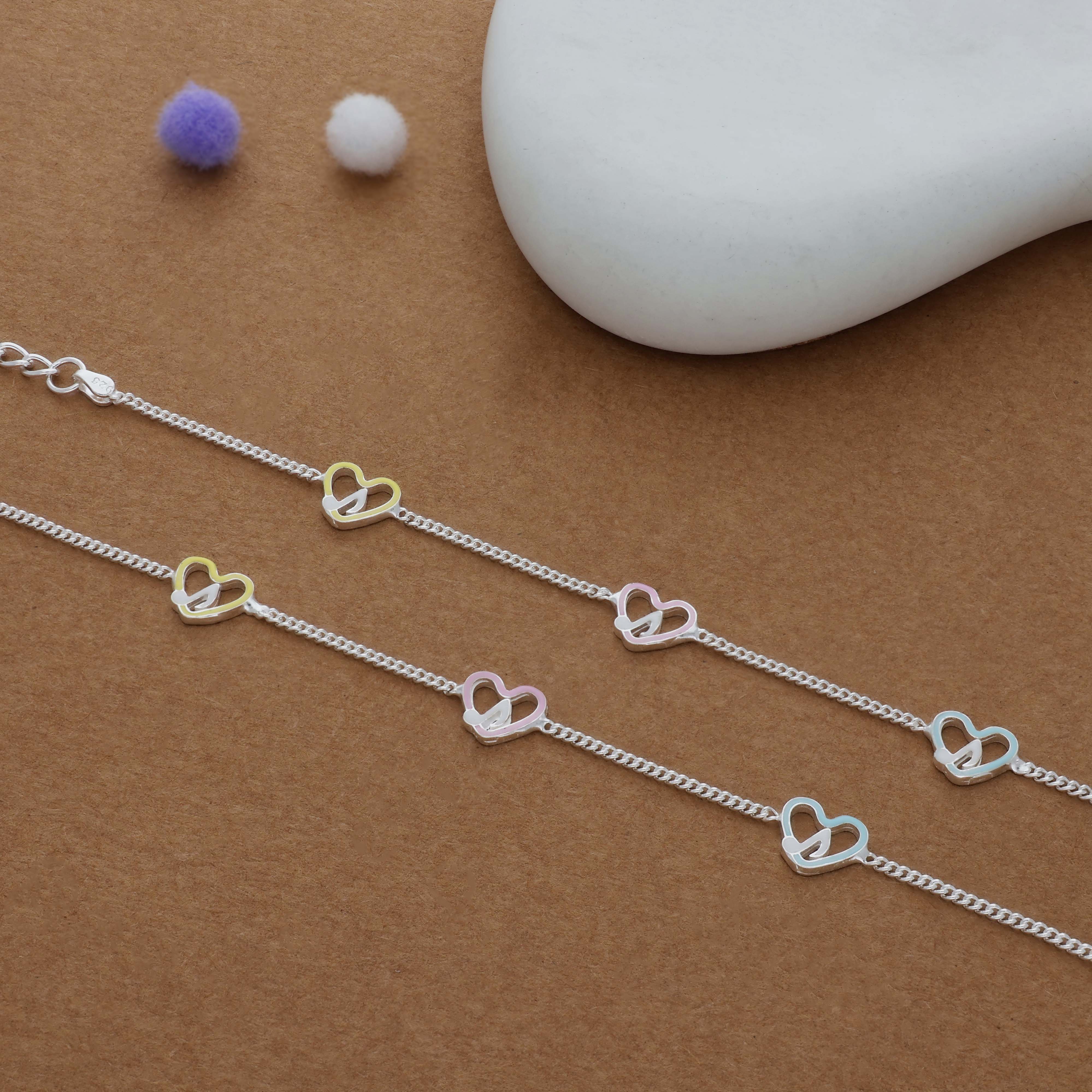 Colorful Heart Charm 925 Silver Kid Anklet (3-5 Yrs)