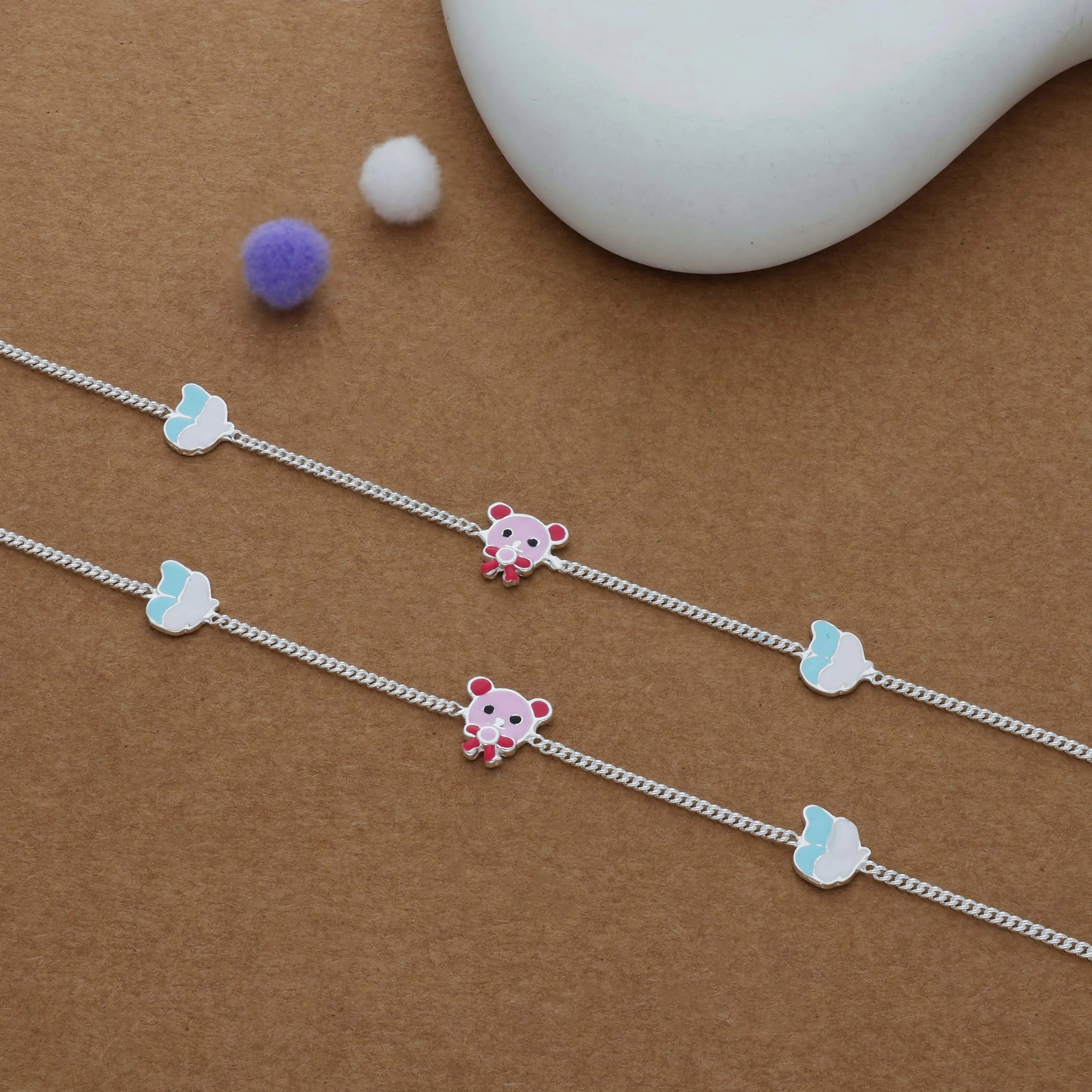 Cute Bear & Cloud Charm 925 Silver Kid Anklet (3-5 Yrs)