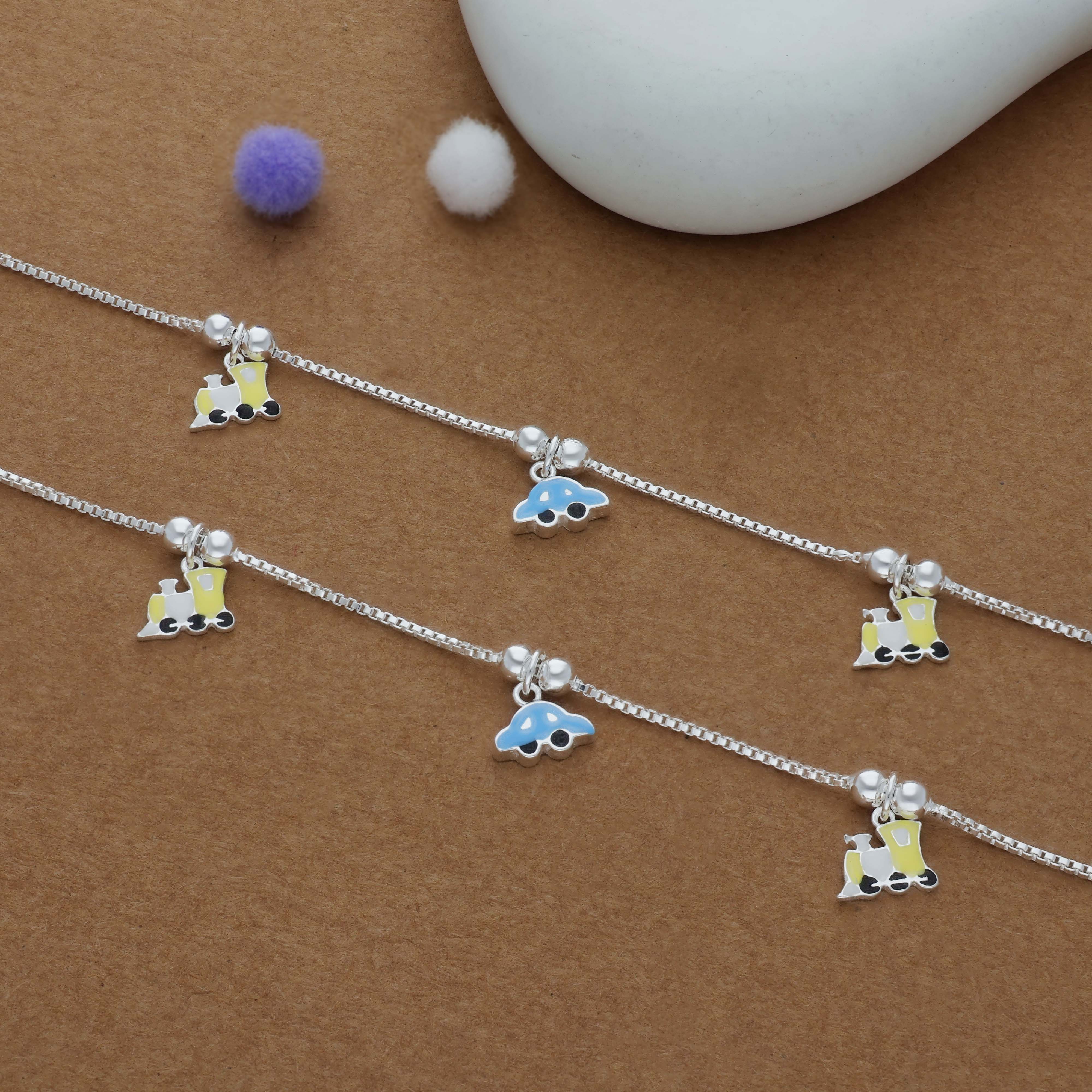 Cute Car & Train Charm 925 Silver Kids Anklet (4-6 Yrs)