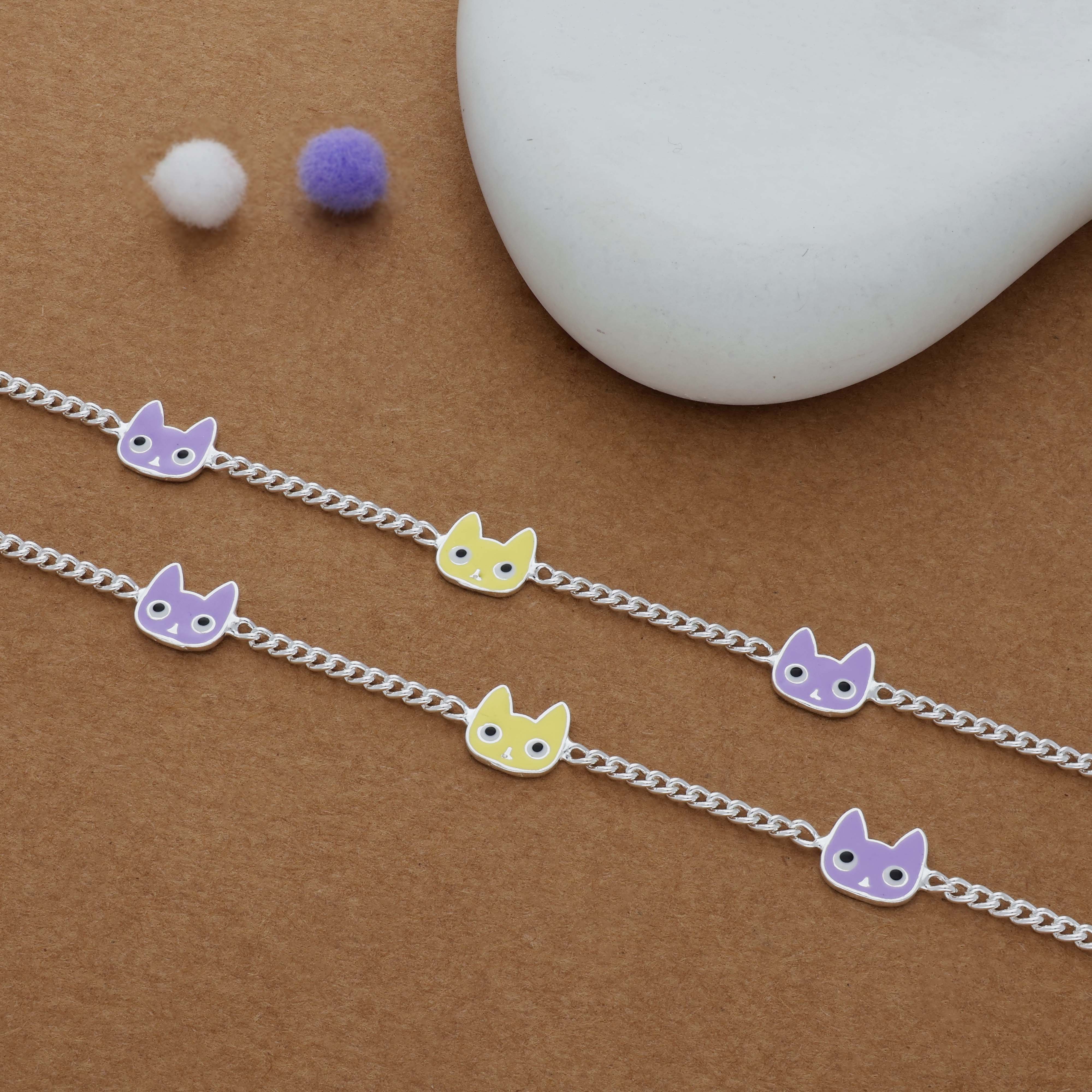 Cute Kitty Face Charm 925 Silver Kid Anklet (2-5 Yrs)