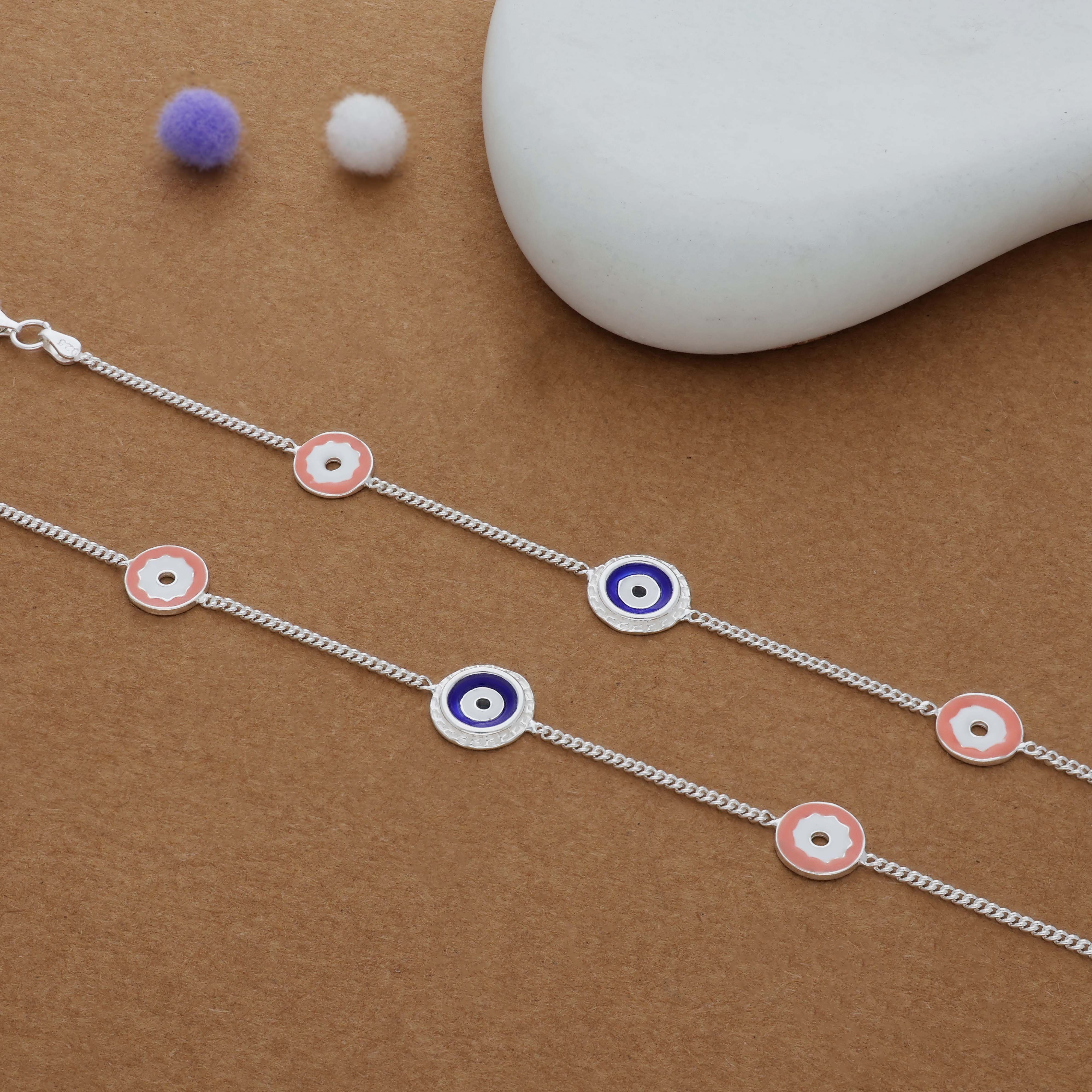 Evil Eye & Flower Charm 925 Silver Kid Anklet (4-6 Yrs)