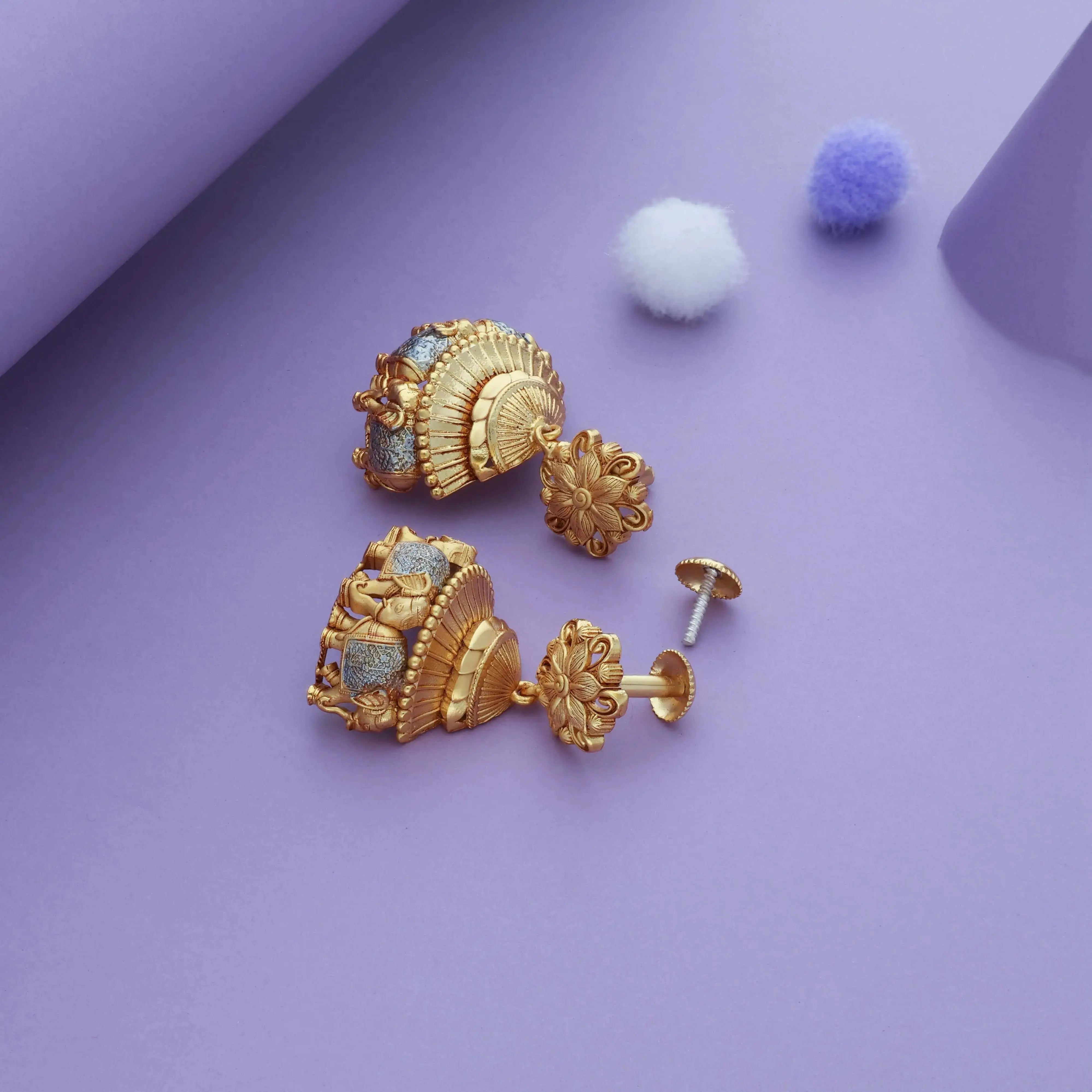 Goddess Temple Look Gold Polish 925 Silver Traditional Women Earring