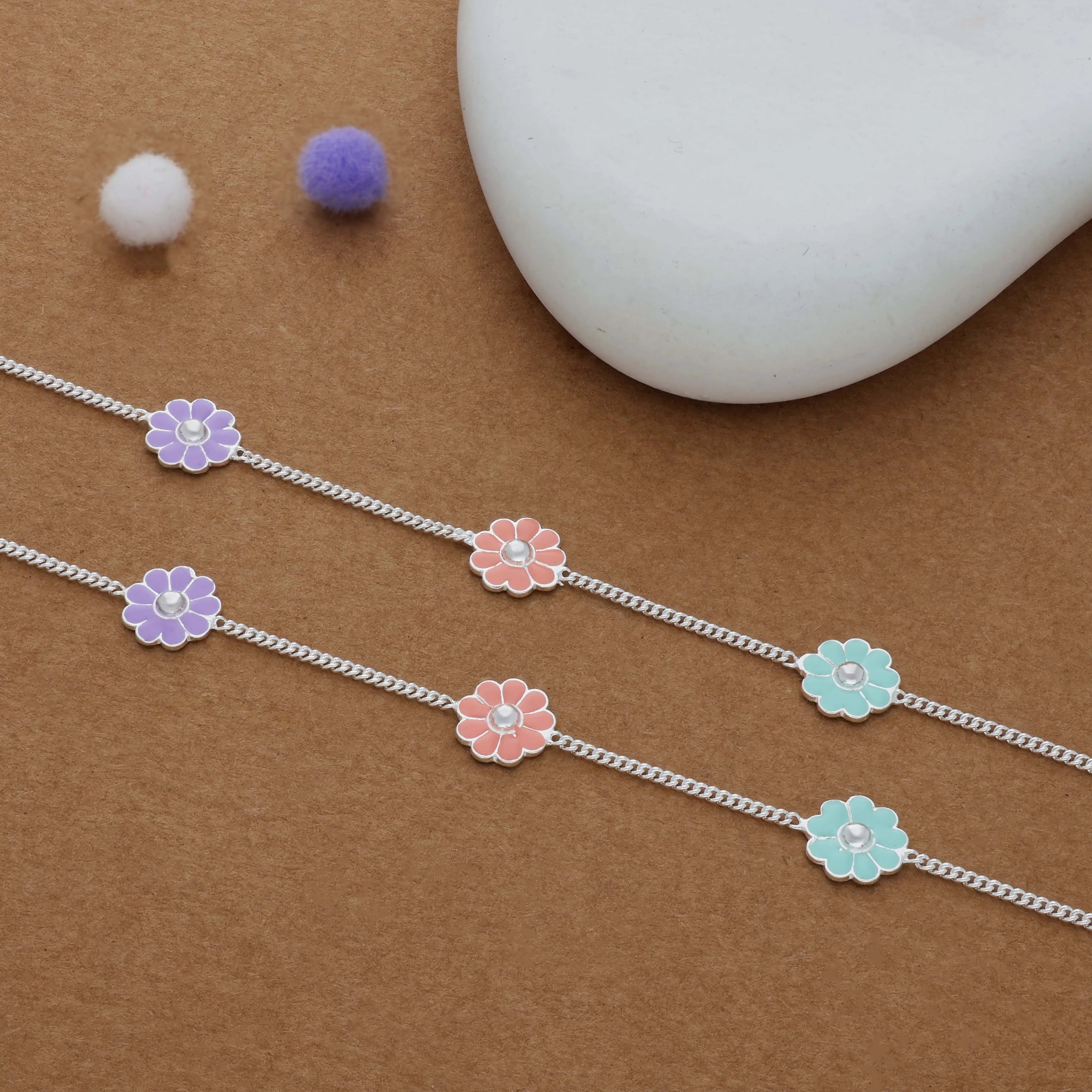 Pastel Daisy Charm 925 Silver Kids Anklet (3-5 Yrs)