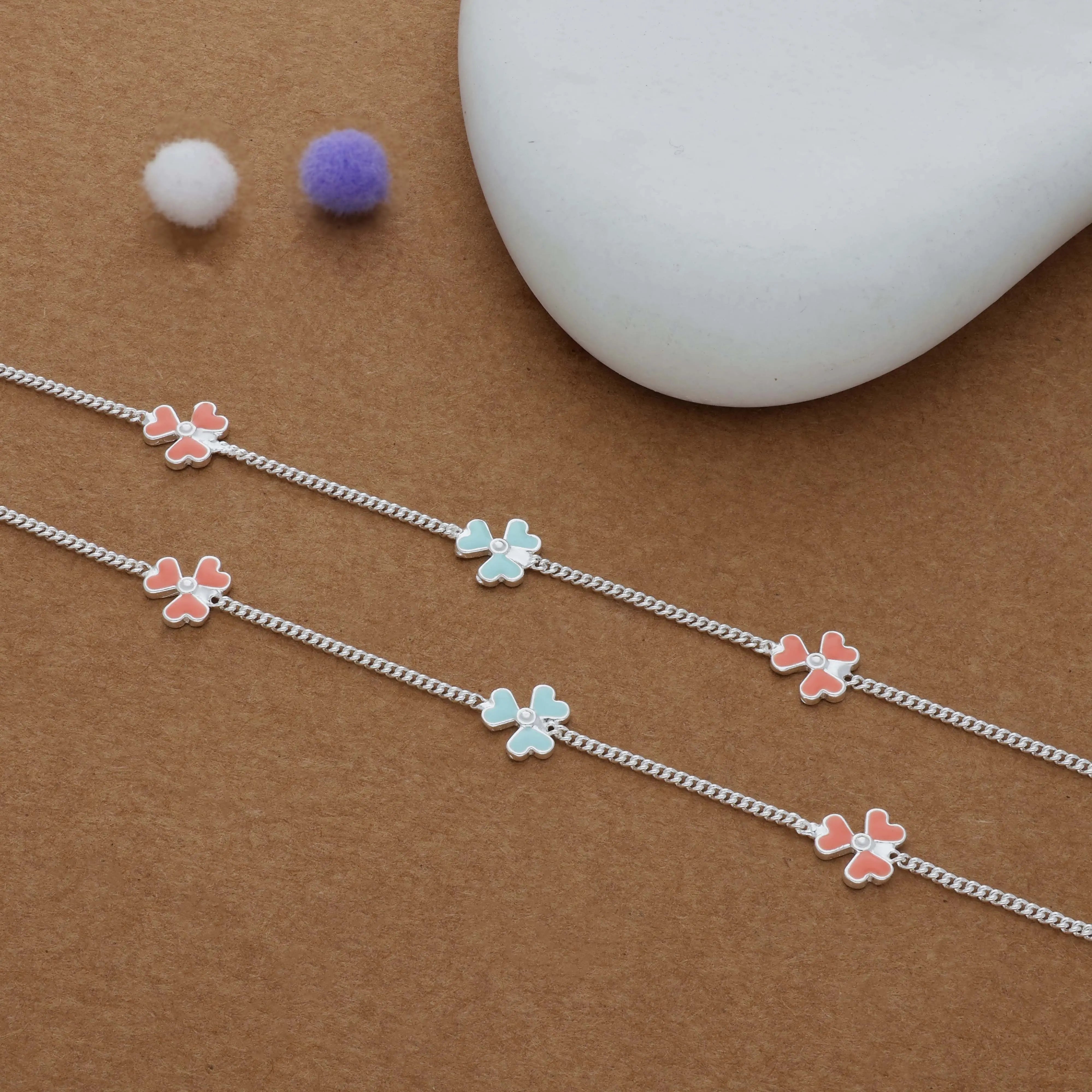 Peach & Blue Flower Charm 925 Silver Kid Anklet (4-6 Yrs)