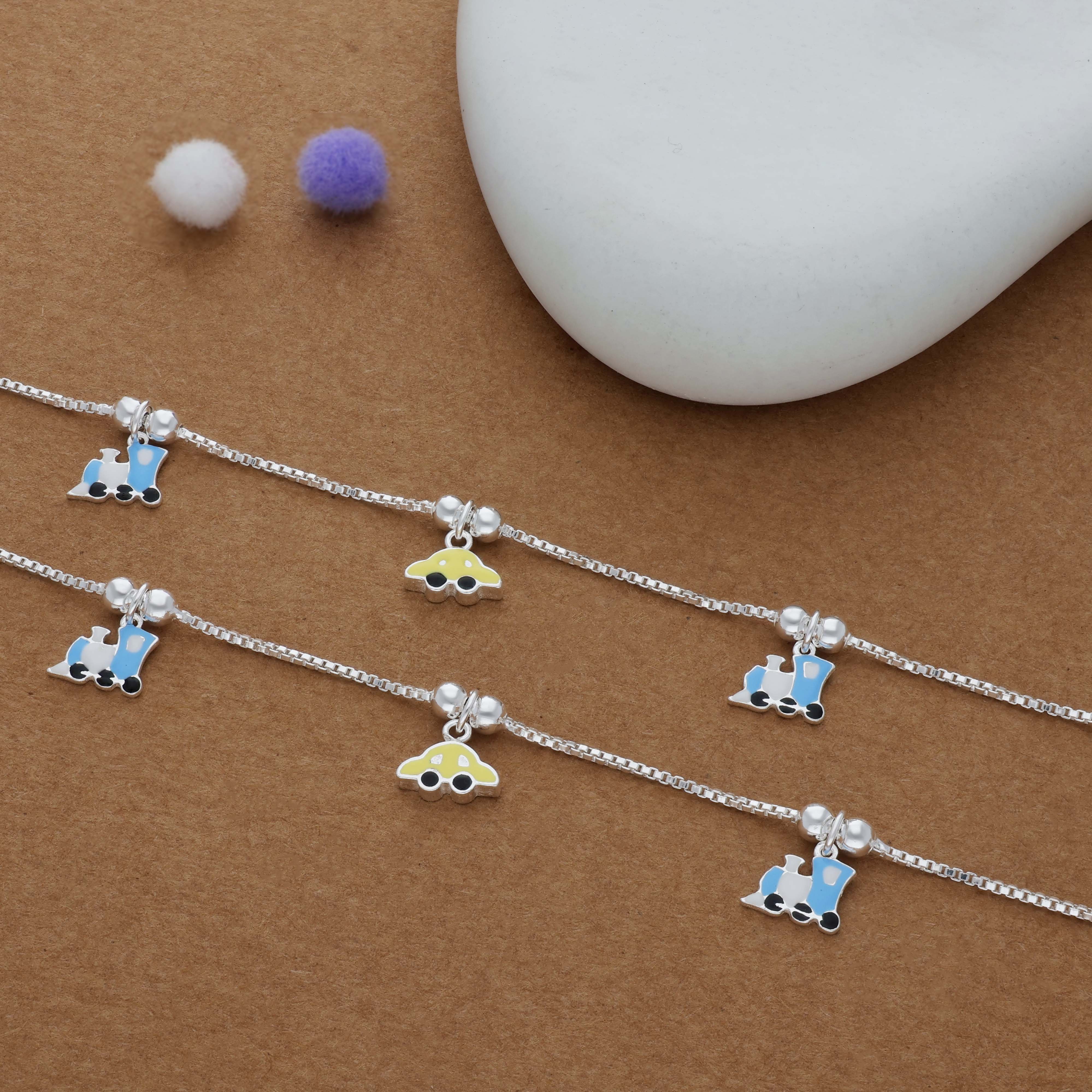 Race Car with Train Charm 925 Silver Kids Anklet (3-5 Yrs)