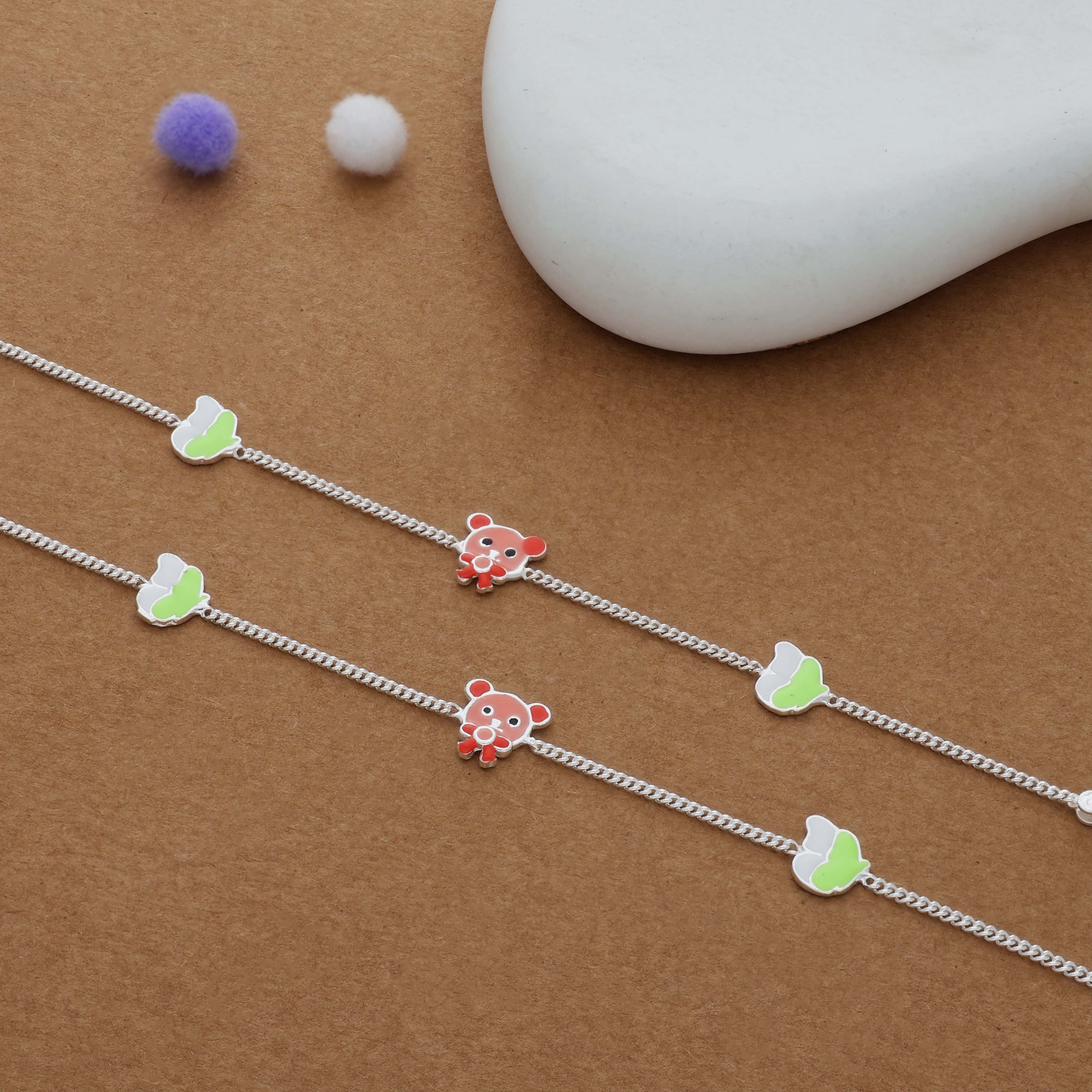 Teddy Bear & Leaf Charm 925 Silver Kid Anklet (4-6 Yrs)