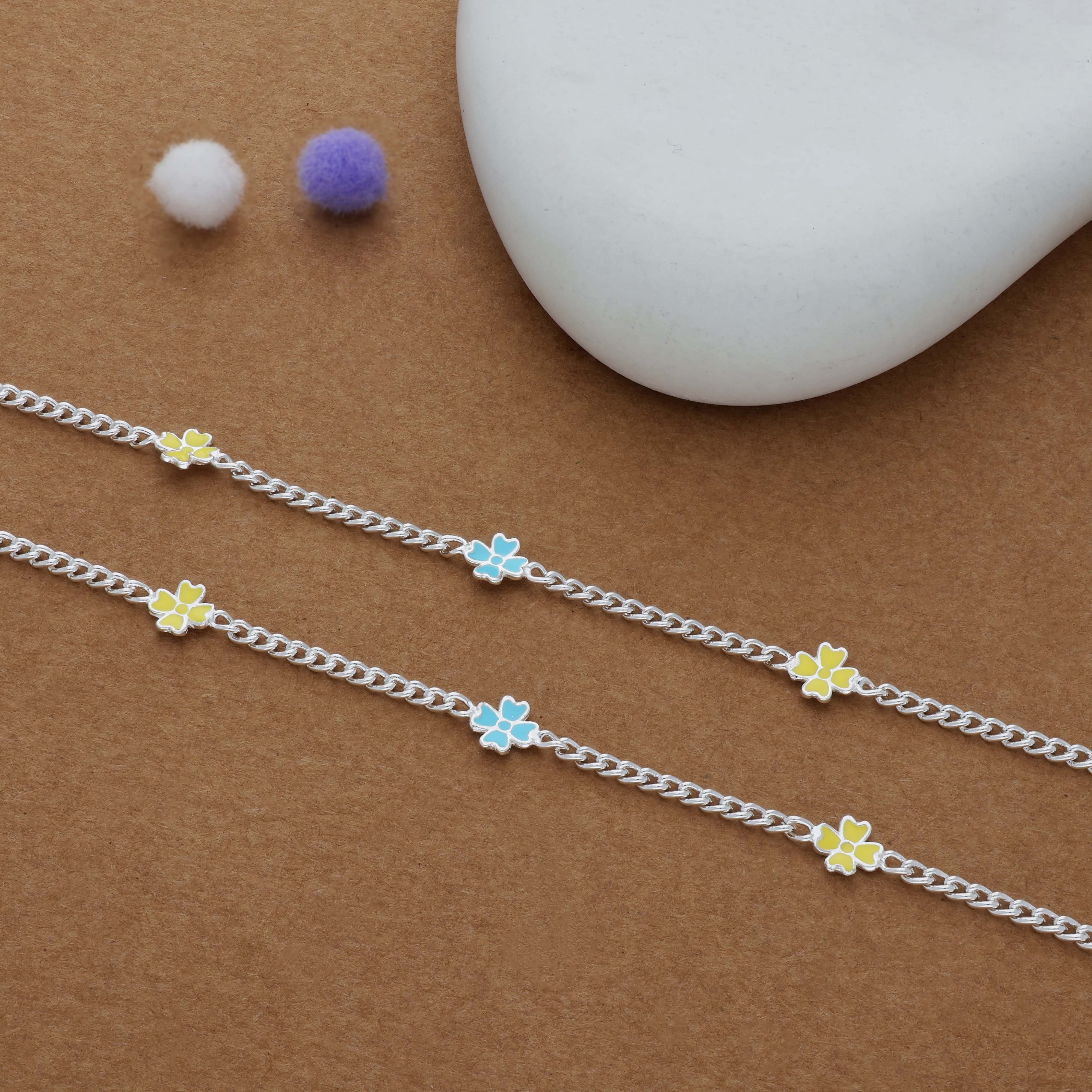 Yellow & Blue Flower Charm 925 Silver Kid Anklet (3-5 Yrs)
