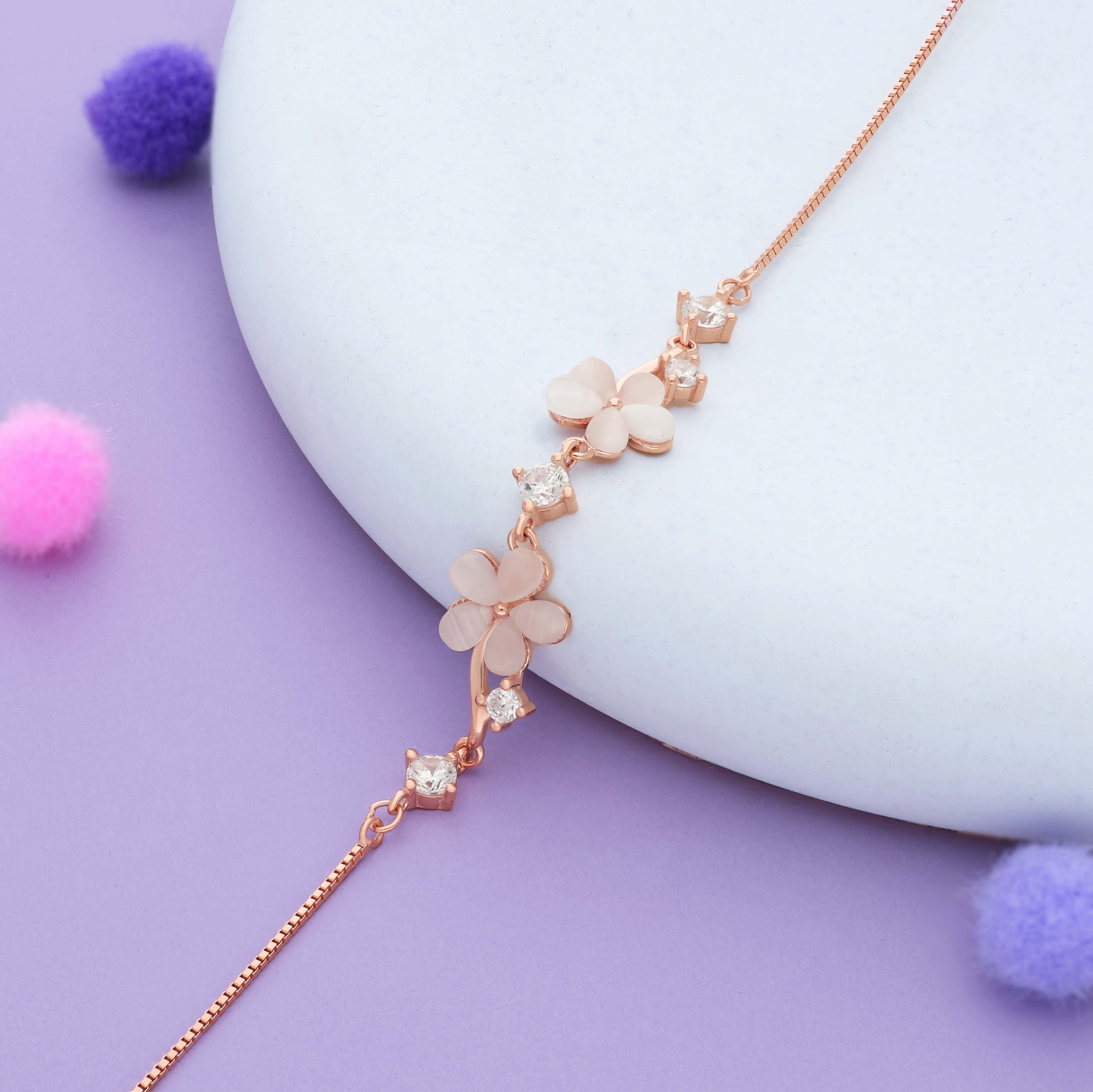 Twin Bloom Zircon stone Rose Gold Polish 925 Silver Bracelet