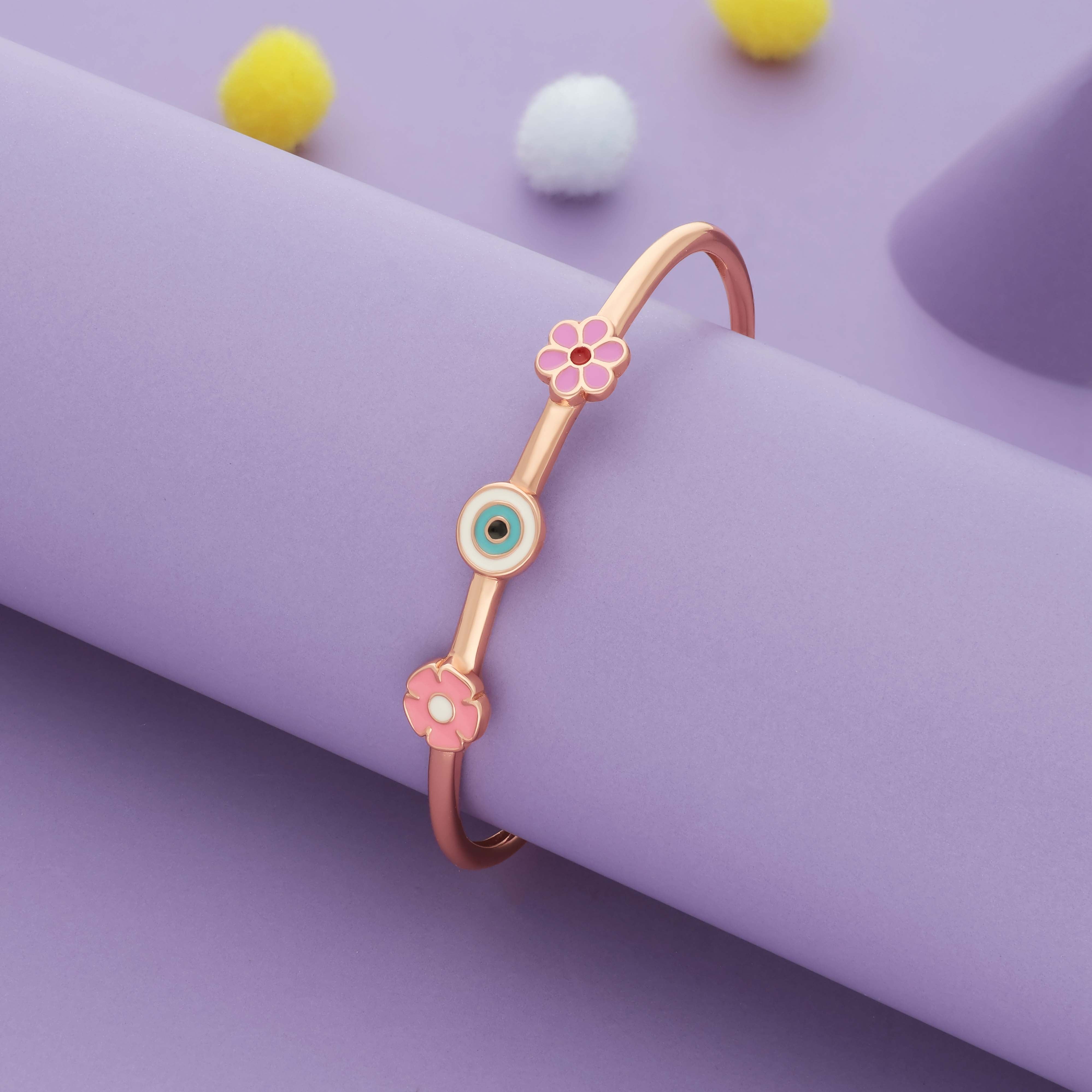 Lucky Bloom Evil Eye Duo 18K Rose Gold Polish Silver Kids Bangles (0-5 Yrs)