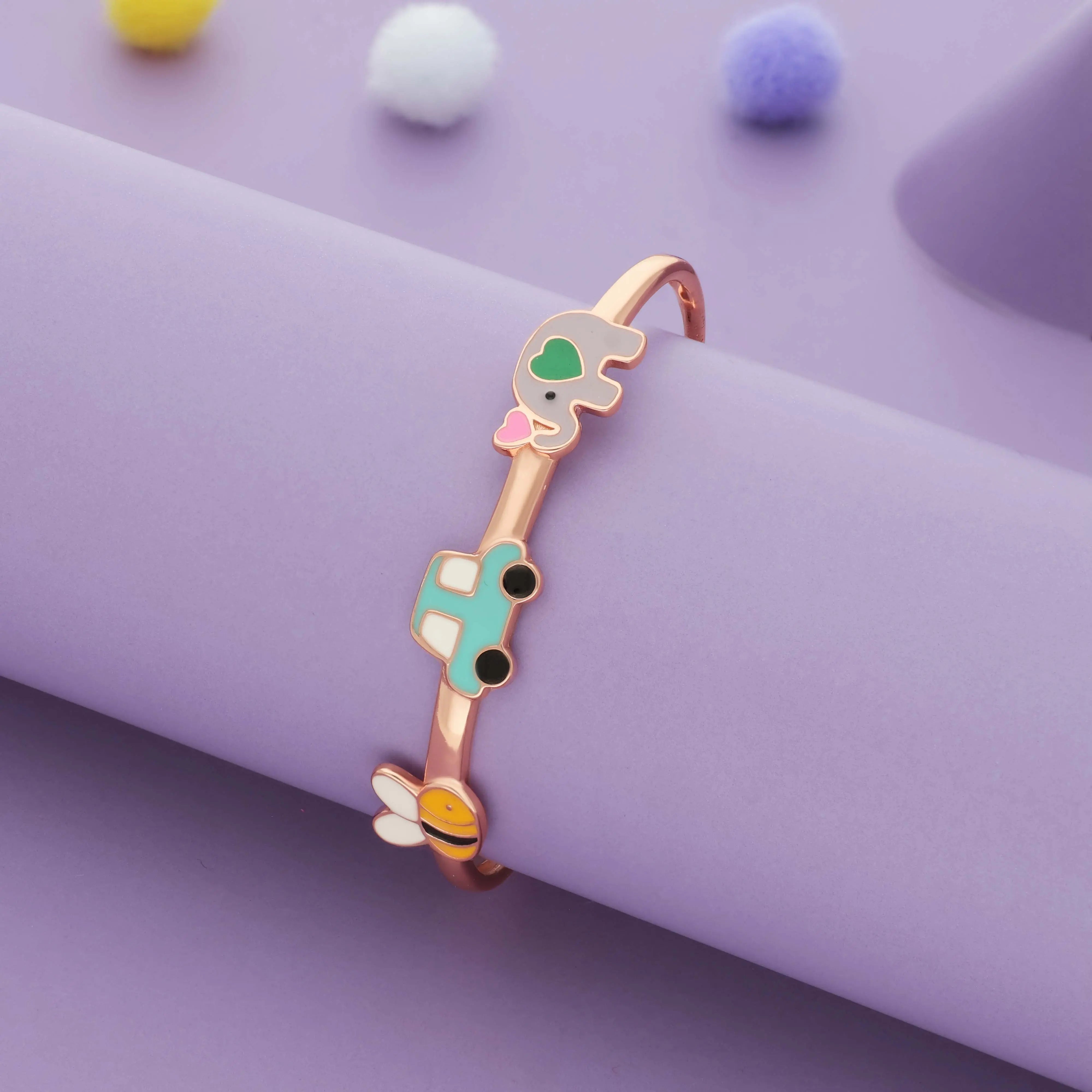 Tiny Tusker Ride Duo 18K Rose Gold Polish Silver Kids Bangles (0-5 Yrs)